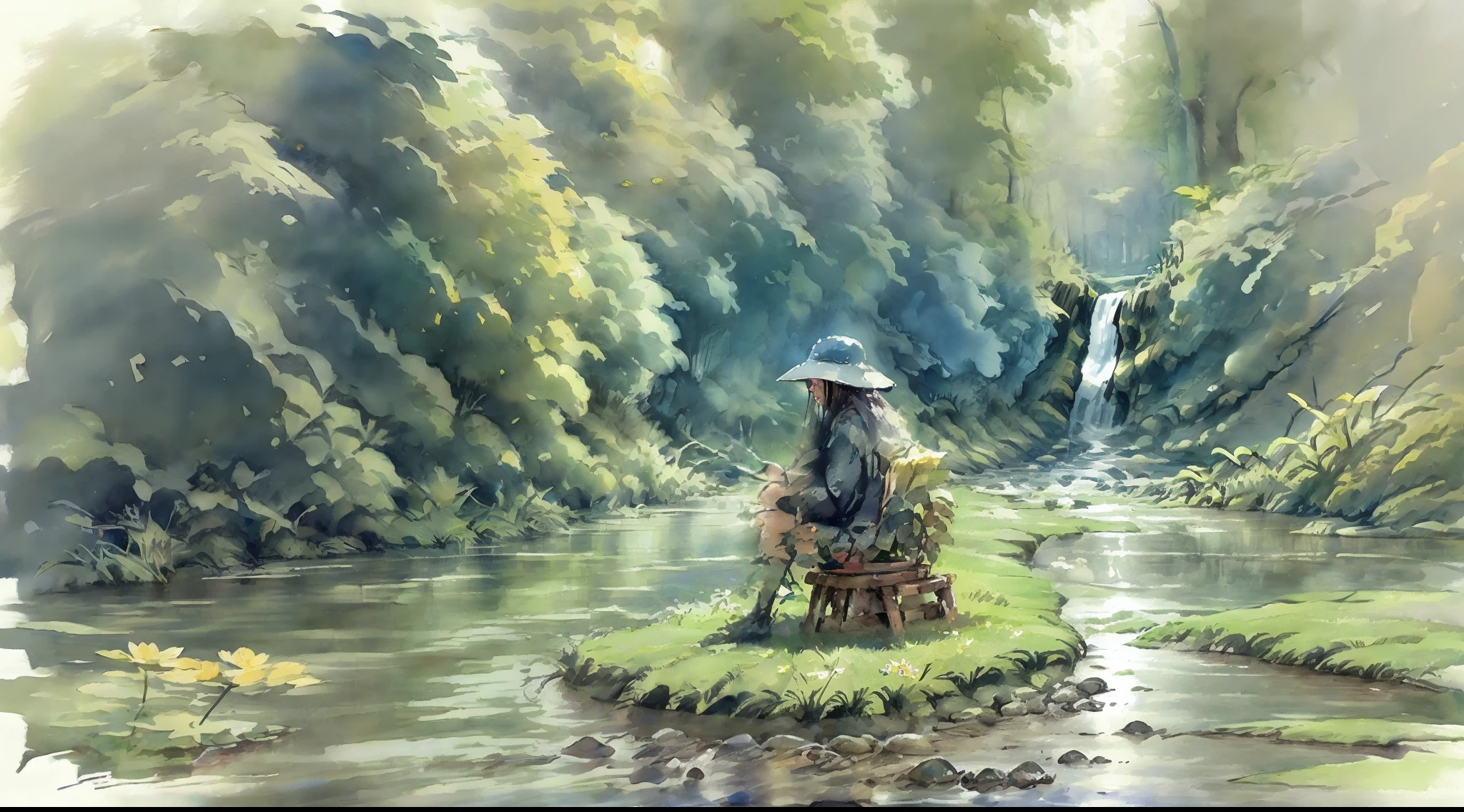 masterpiece, there is a girl sitting beside a pound,silence water, flower background, sunshine, grass, waterfall, lotus, dawn, (highly detailed), (realistic), vivid color, bright, deep shadows, dynamic light, colorwater