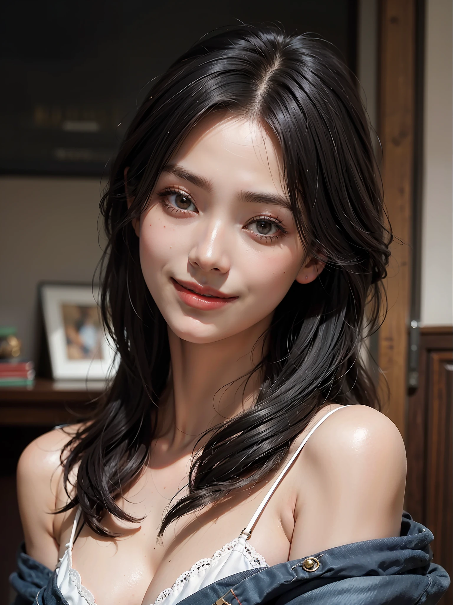 best quality, masterpiece, ultra high res, photorealistic, 1girl, offshoulder, smile