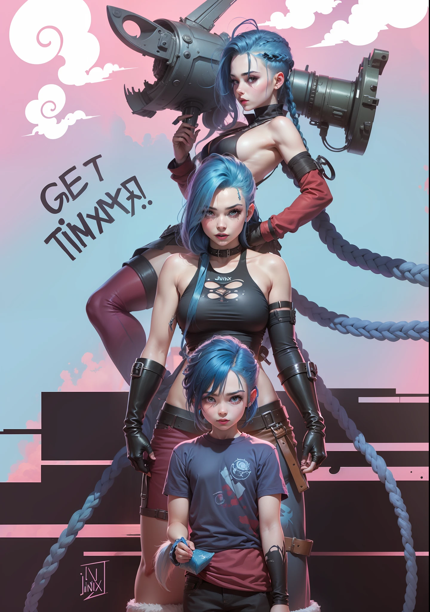 Jinx blue-haired , Jinx adolescente de cabelo azul, e Jinx adulta de cabelo azul, Jinx, arcano