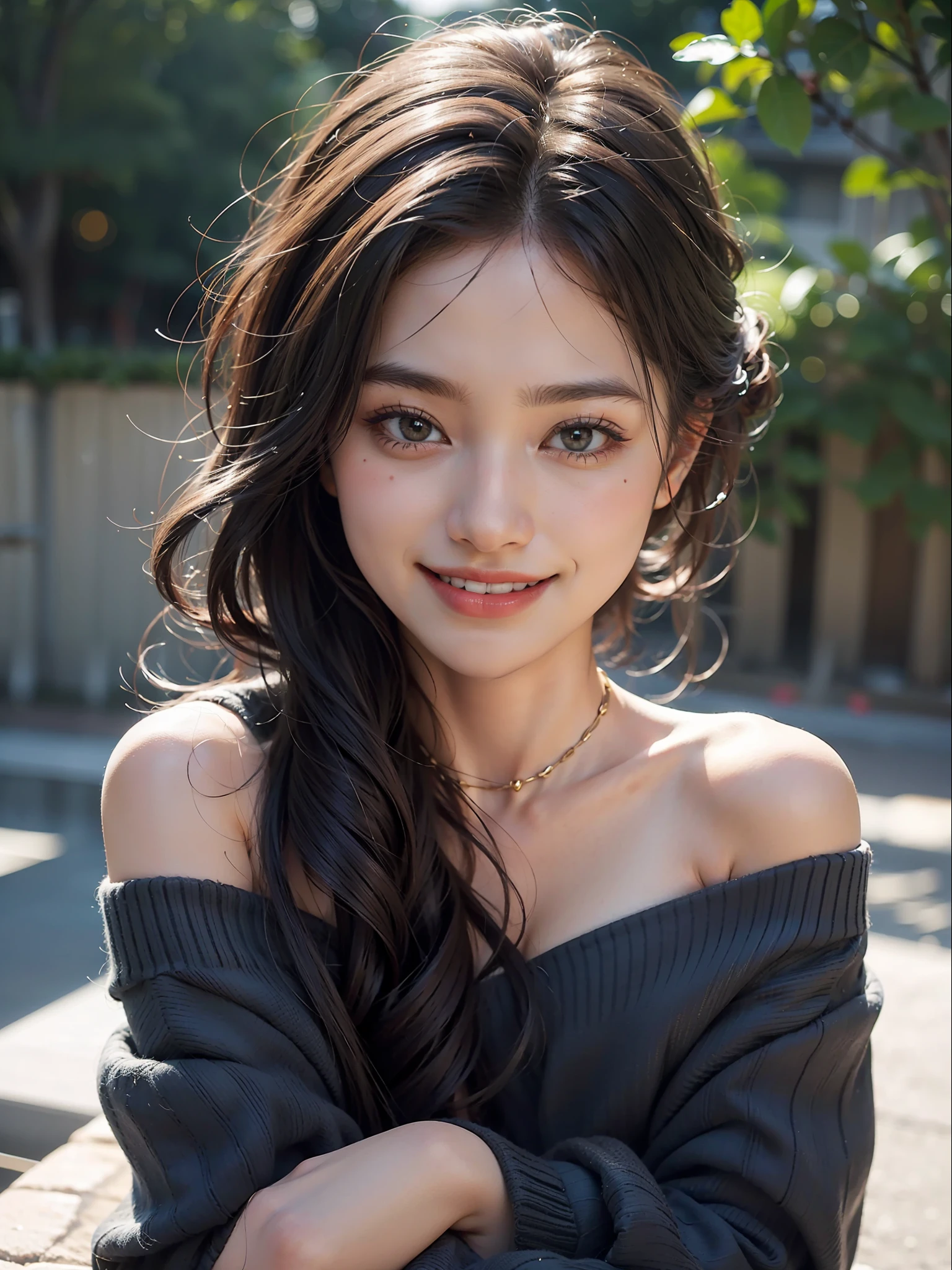 best quality, masterpiece, ultra high res, photorealistic, 1girl, offshoulder, smile