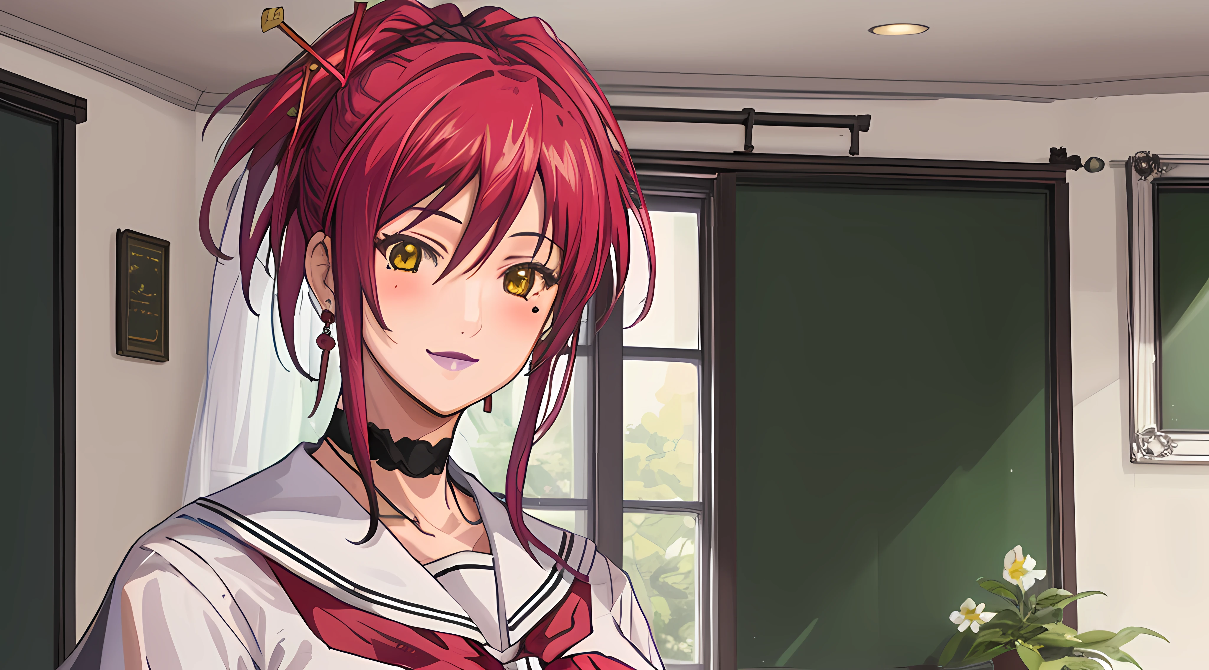 (Masterpiece, Best Quality, High Quality:1.4), professional artwork, for desktop wallpaper, Intricate Details, field of view, sharp focus, detailed painting, photorealistic lighting, trending on pixiv, 1girl, (vivid lighting, vibrant colors:1.05), realistic shadows, ambient occlusion,
Marie Mamiya, mature female, milf, solo, (curvy:1.1), luxury room, (half body shot:1.1), looking to attention,
(red hair:1.05), hair ornament, lipstick, makeup, (mole under eye:0.9), choker, ultra detail hair, ultra detail face, (yellow glowing eyes:1.05), perfect eyes, perfect face, perfect retina, earrings, (seductive look, blush:1.15), happy, smile,
(school_uniform:1.4), choker, necklace, fingernails,
(Large Breasts:1.15)