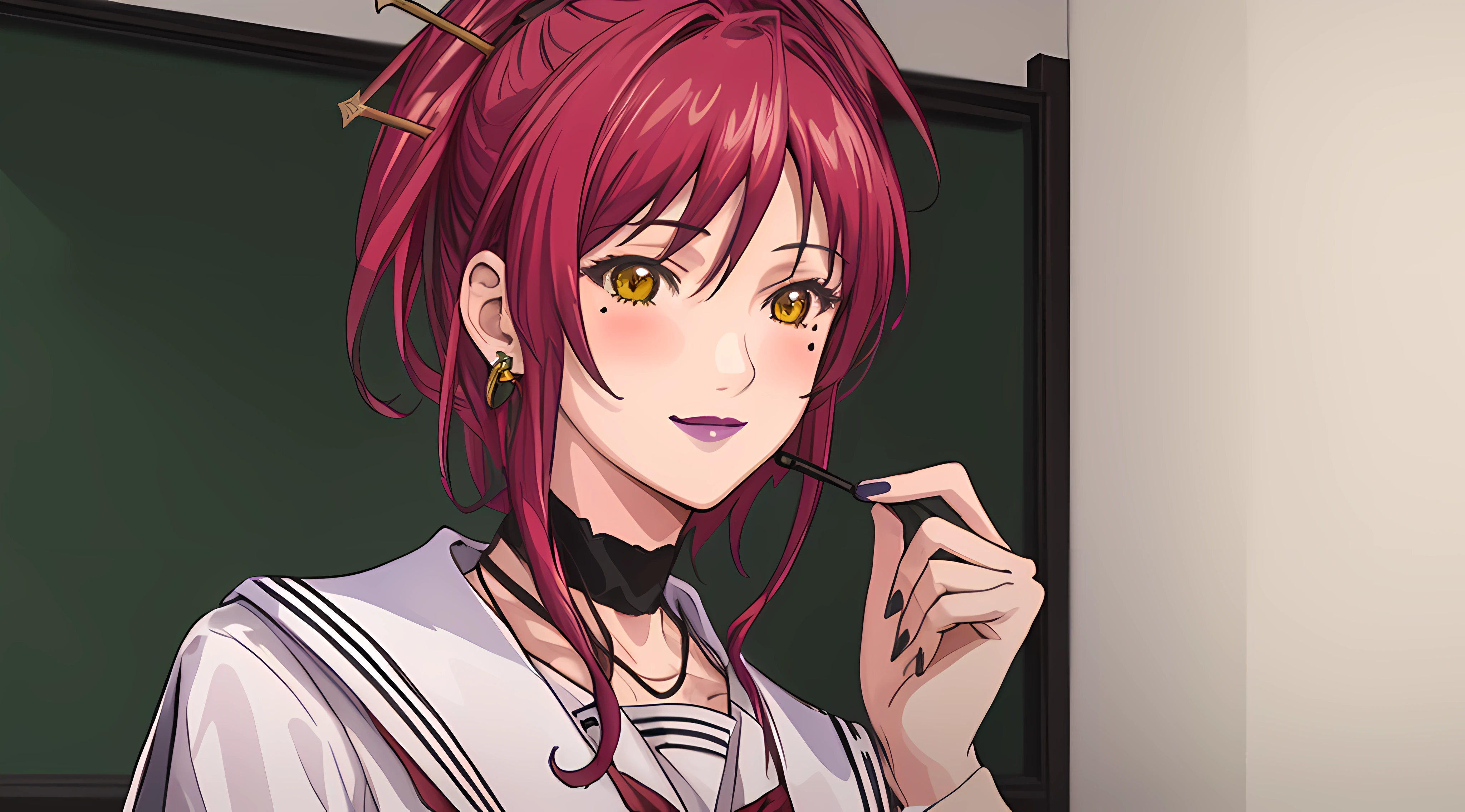 (Masterpiece, Best Quality, High Quality:1.4), professional artwork, for desktop wallpaper, Intricate Details, field of view, sharp focus, detailed painting, photorealistic lighting, trending on pixiv, 1girl, (vivid lighting, vibrant colors:1.05), realistic shadows, ambient occlusion,
Marie Mamiya, mature female, milf, solo, (curvy:1.1), luxury room, (half body shot:1.1), looking to attention,
(red hair:1.05), hair ornament, lipstick, makeup, (mole under eye:0.9), choker, ultra detail hair, ultra detail face, (yellow glowing eyes:1.05), perfect eyes, perfect face, perfect retina, earrings, (seductive look, blush:1.15), happy, smile,
(school_uniform:1.4), choker, necklace, fingernails,
(Large Breasts:1.15)
