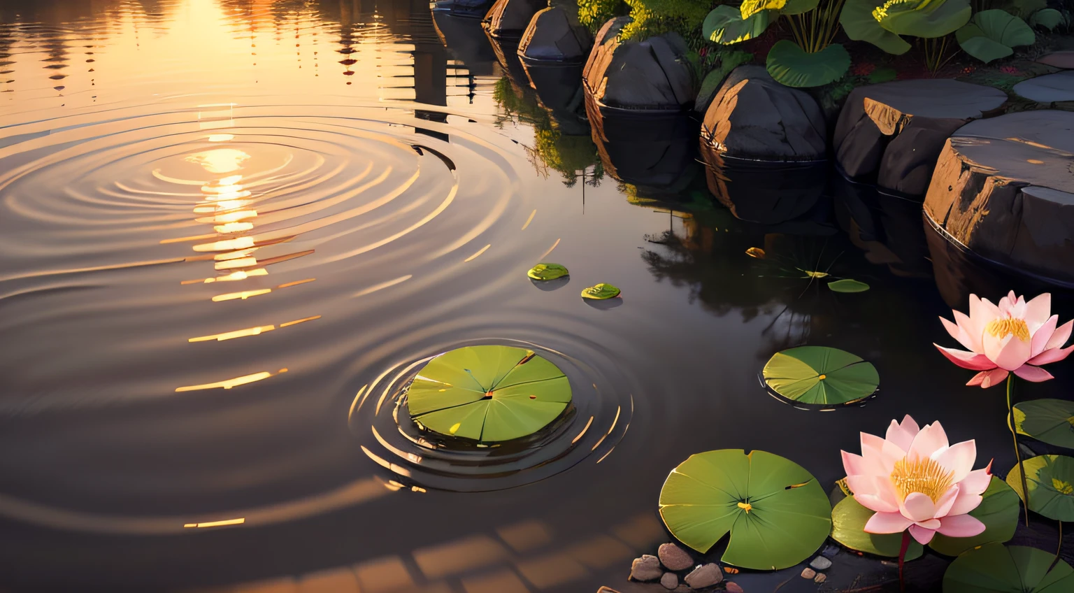 Paint a picture that twilight is coming,The sunset is fluttering,Flowing water,Painting of lotus leaves fluttering --auto
