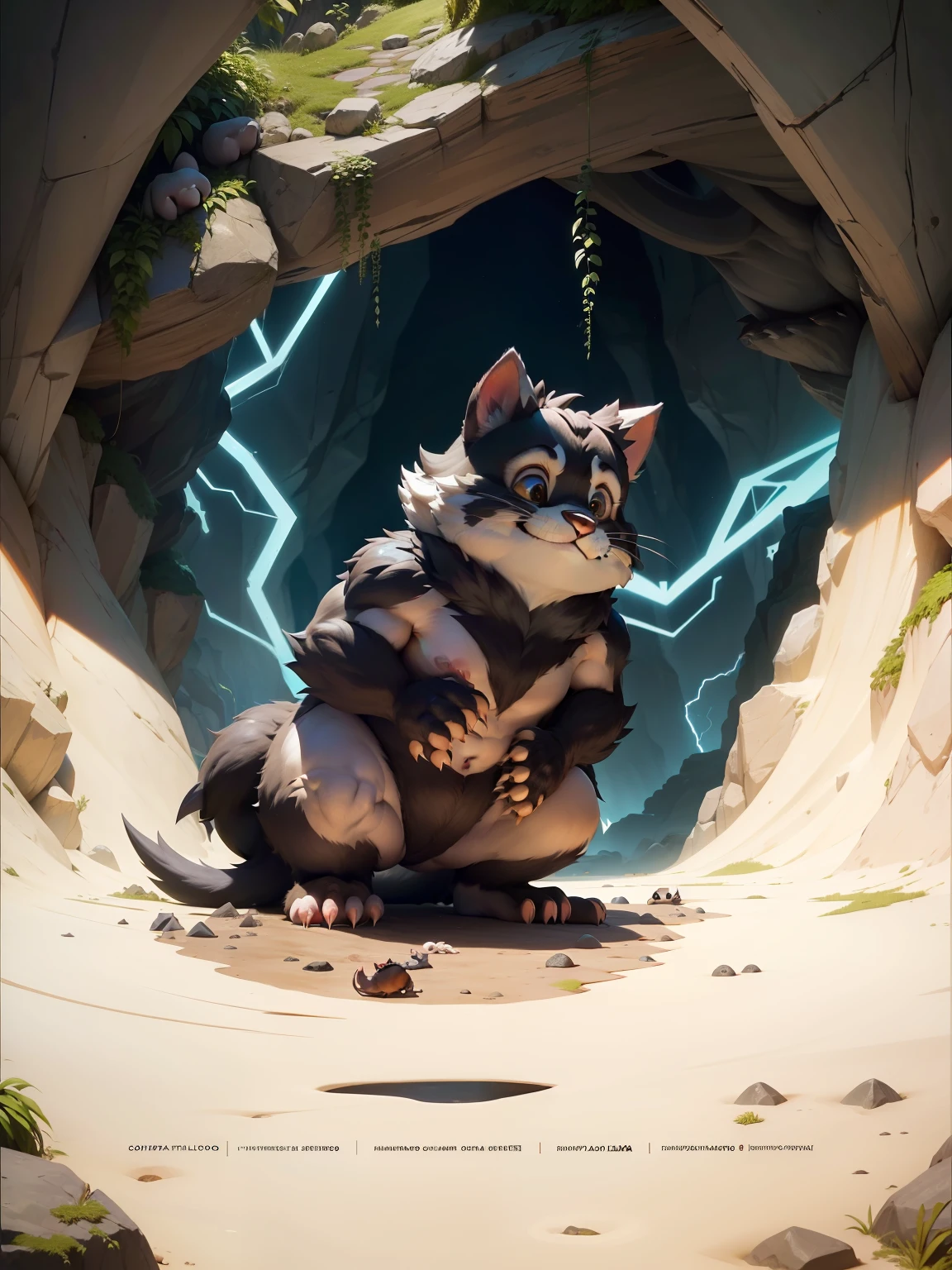 There's a hairy fat rat with sharp claws and sturdy paws in a cave, presas afiadas, dentes longos, cauda peluda , (Corpo do rato todo peludo sem roupa:1.2) , (paws and arms with sharp claws:1.4), (Garras longas:1.2