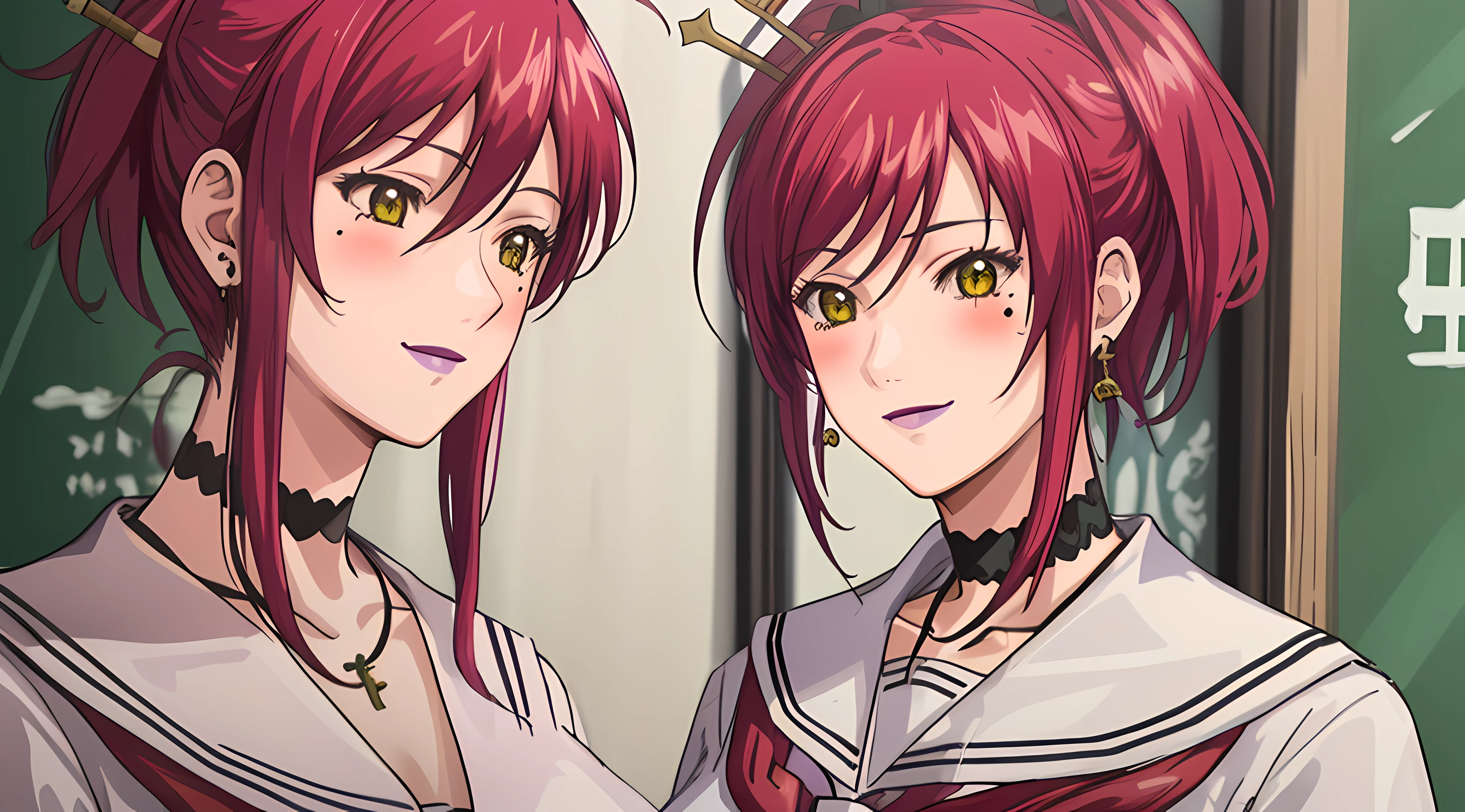 (Masterpiece, Best Quality, High Quality:1.4), professional artwork, for desktop wallpaper, Intricate Details, field of view, sharp focus, detailed painting, photorealistic lighting, trending on pixiv, 1girl, (vivid lighting, vibrant colors:1.05), realistic shadows, ambient occlusion,
Marie Mamiya, mature female, milf, solo, (curvy:1.1), luxury room, (half body shot:1.1), looking to attention,
(red hair:1.05), hair ornament, lipstick, makeup, (mole under eye:0.9), choker, ultra detail hair, ultra detail face, (yellow glowing eyes:1.05), perfect eyes, perfect face, perfect retina, earrings, (seductive look, blush:1.15), happy, smile,
(school_uniform:1.4), choker, necklace, fingernails,
(Large Breasts:1.15)