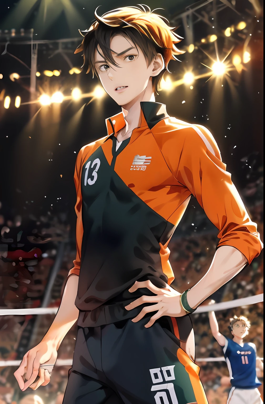 Nishinoya Yu ,独奏,1boys,tmasterpiece,best qualityer,((1人))。((Older),Haihisa!!nishinoya_Yuu high resolution,Ball black_hair (blonde_hair) brown_eyes clothes_writing,Feather footprints karasuno_volleyball_uniform male_focus multicolored_hair orange_shirt parted_lips playing_Sports shirt short_Hair solo (streaked_hair) Sweat two tones_hair upper_Body volleyball (volleyball_uniform) (volleyball field)