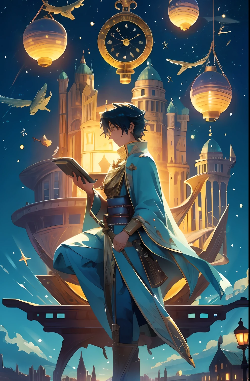 edd, Maitreya Bodhisattva,Maitreya, A huge golden Buddha statue sits in a room with blue ceiling and blue sky background with clouds, above_Clouds, Airship, aurora, bridge, Building, Castle, chimneys, City, City_lamp lights, Cityscape, clock, clock_Tower, Cloud, Cloudy_sky, constellation, Crescent_Moon, Desert, earth_\(planetes\), Fireworks, Floating_Island, fountain, milky ways, Glowing, house, Island, lamp post, lantern, Light_Particle, Milky_way, Moon, Mountain, Night, Night_sky, No_Humanity, planetes, scenery, Shooting_Star, sky, skylines, skyscraper, Snow, nevando, space, Star_\(sky\), Star_\(symbol\), Starry_sky, Starry_sky_print, Telescope, Tower, Town, Twilight, ships
