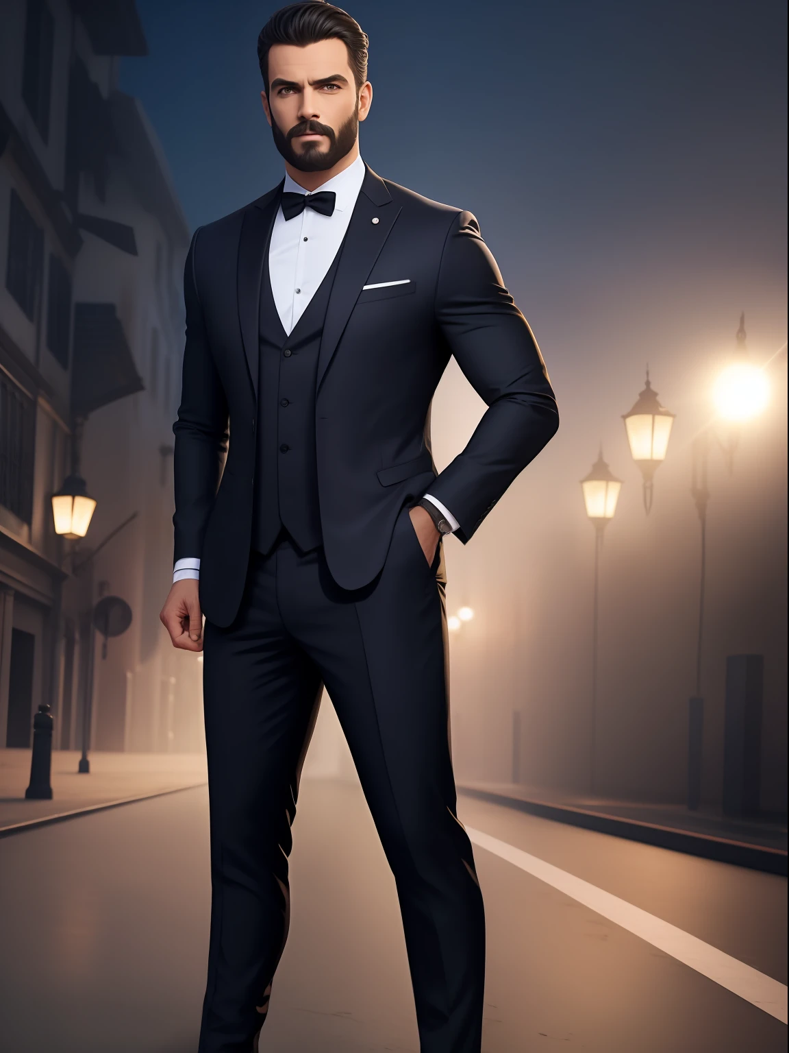 um homem de roupa preta, terno e gravata, cinematico 8k