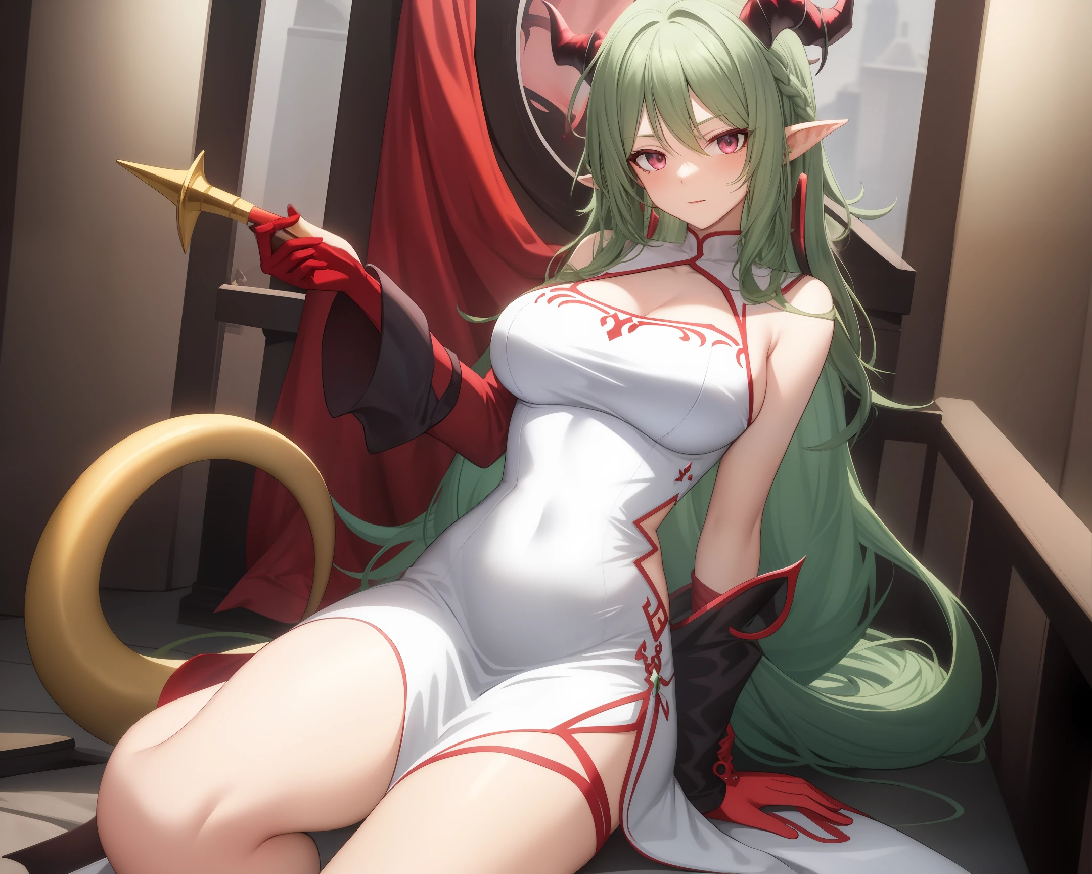 Green Hair Beauty Anime Horn One Horn Devil's Horn Twisted Horn Long Hair Curly Perfect Breasts Perfect Body Sexy Body Pointed Ears High Definition White Skin Witch Red Dress Simple Dress