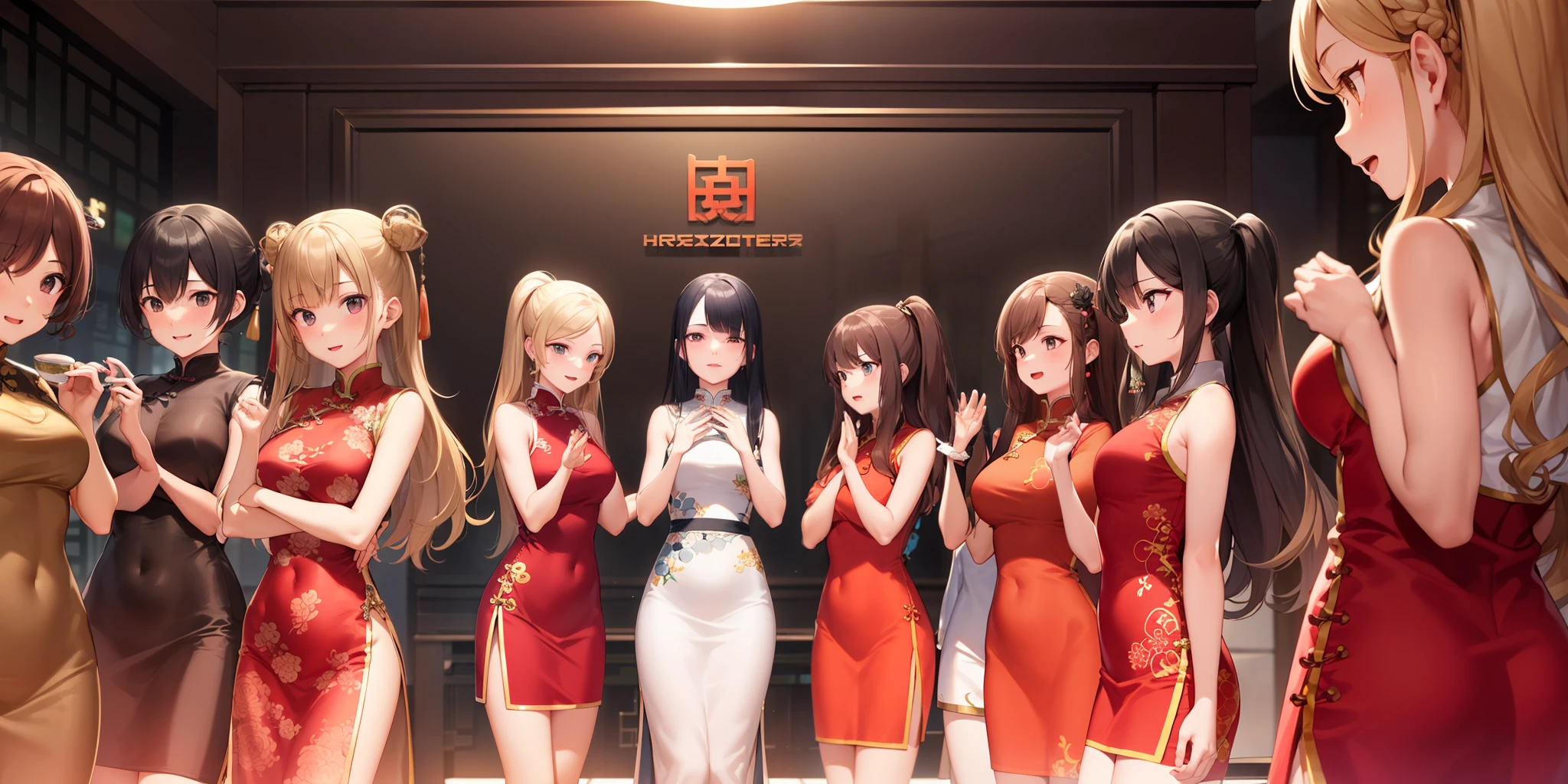 100girls,crowded, long hair, brown hair, curly hair, hazel eyes,chinese dress, sleeveless, sexy, rows of girls, girls standing in formation, only girls, sisters