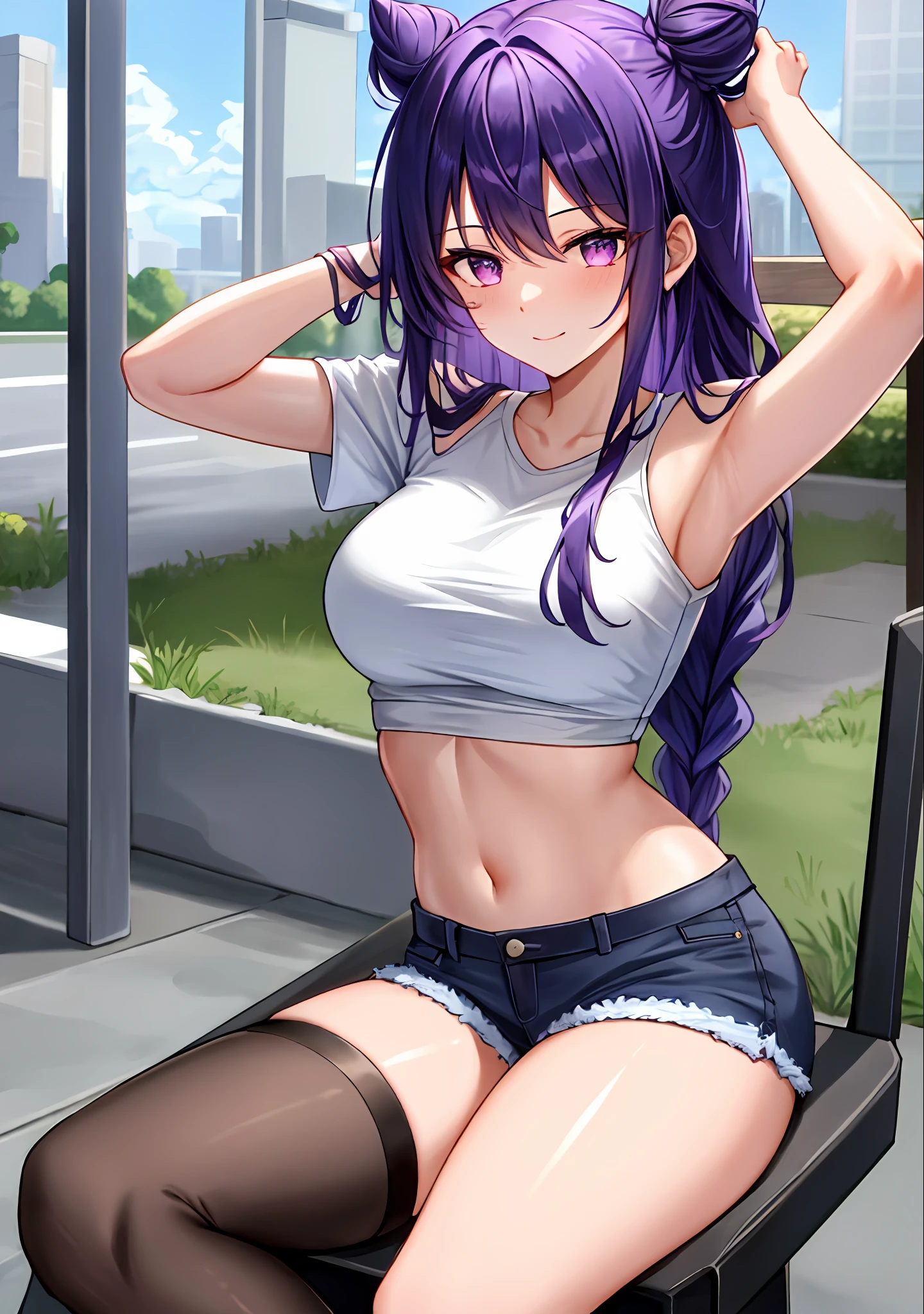 (masterpiece, best quality, ultra-detailed), keqing \(genshin impact\), (purple hair), cone hair bun, twin tails, long hair, swept bangs, braid, braided bangs, purple eyes, pink eyes,
(wearing a t-shirt:1.2), sitting on a chair outside of caf, embracing the natural beauty, sunlight, beautiful cloudy sky, city, street, denim shorts, black stocking,
medium breasts, thick thighs, critical angle, cowboy shot, arm behind head, arm behind back, armpits, light smile, crop top, strong and seductive expressions,,