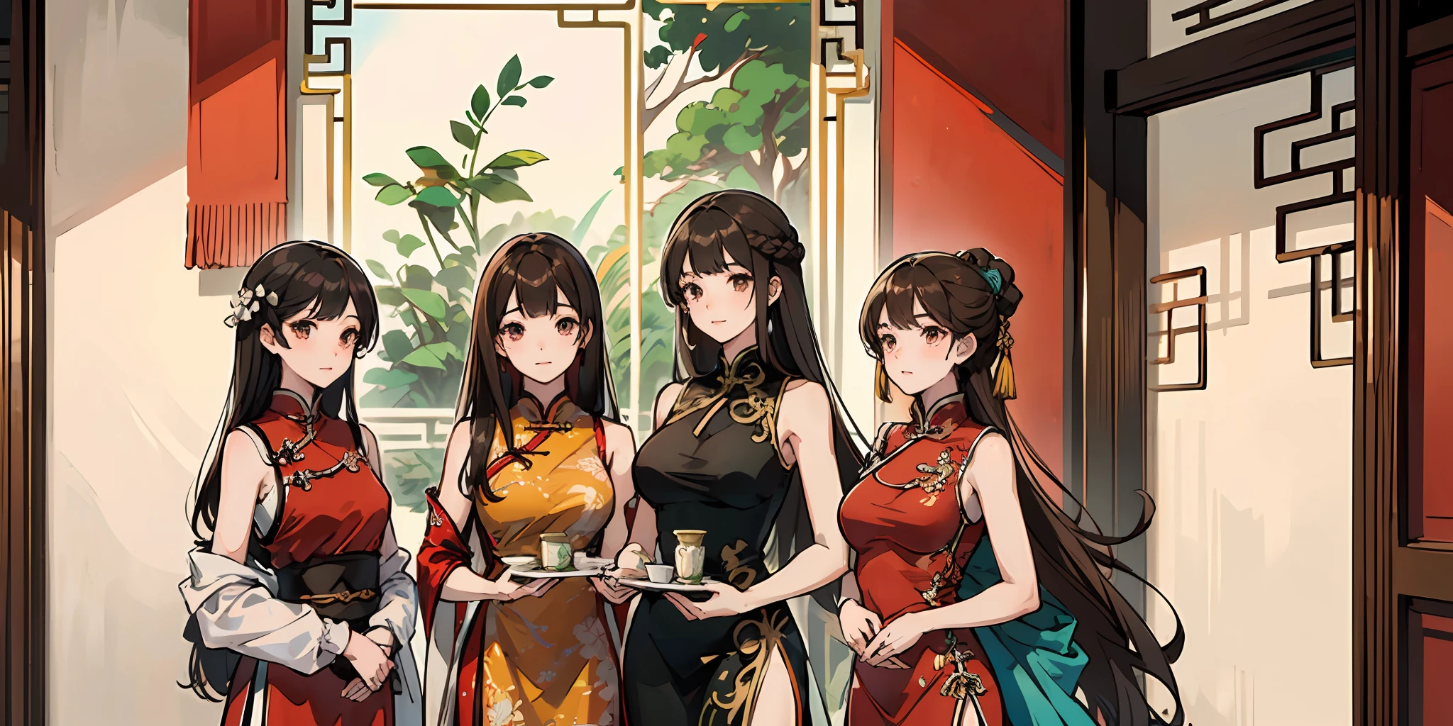 100girls,crowded, long hair, brown hair, curly hair, hazel eyes,chinese dress,sexy, sleeveless, rows of girls, girls standing in formation, sisters