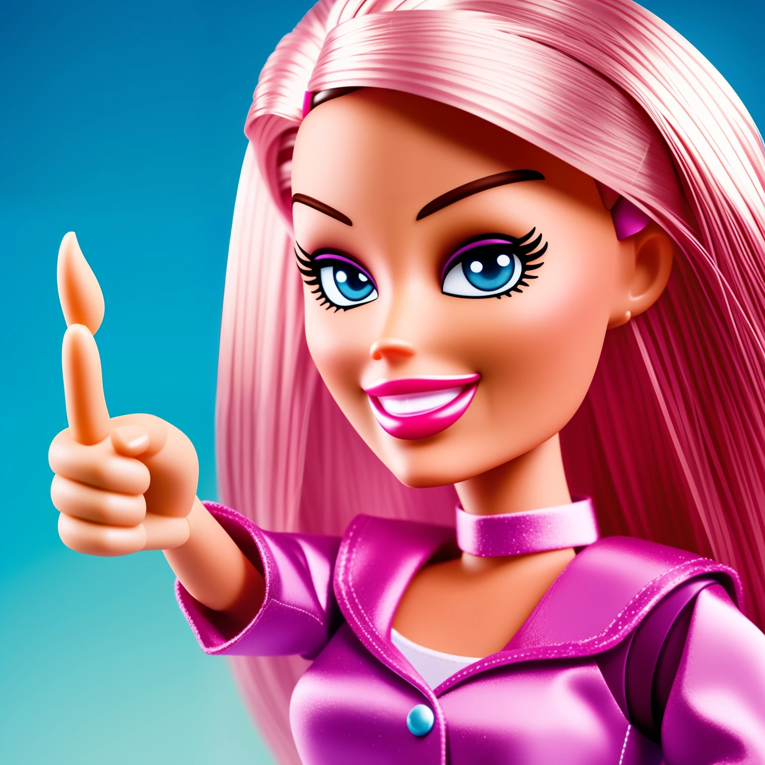 Photo of a cartoon Barbie smiling, pointing her finger at her face. --auto