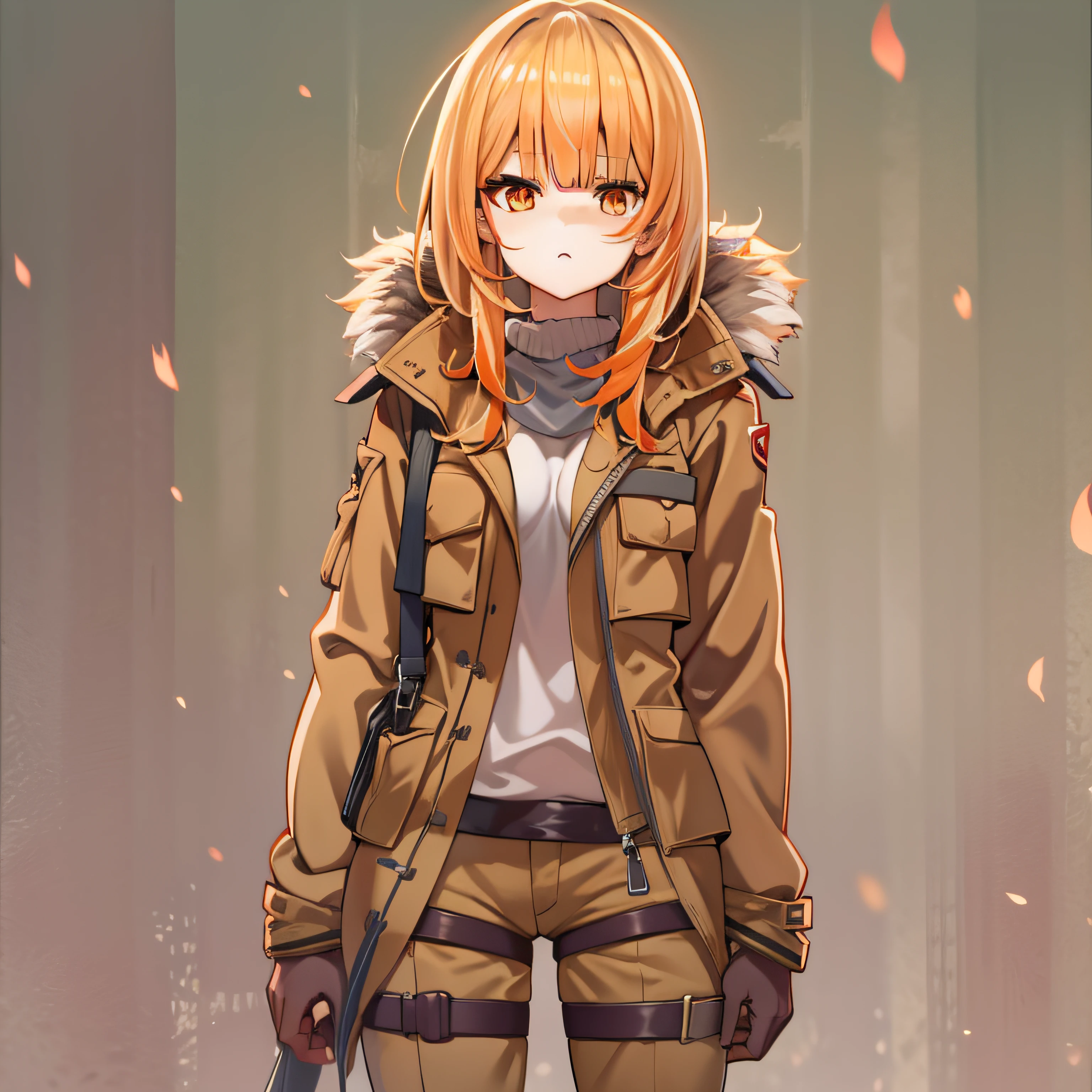 orange eyes light,richly faded light long orange hair, anime 1girl, brown military boots,khaki jacket with fur-trimmed, (good leg:1.1), (best hand:1.2)