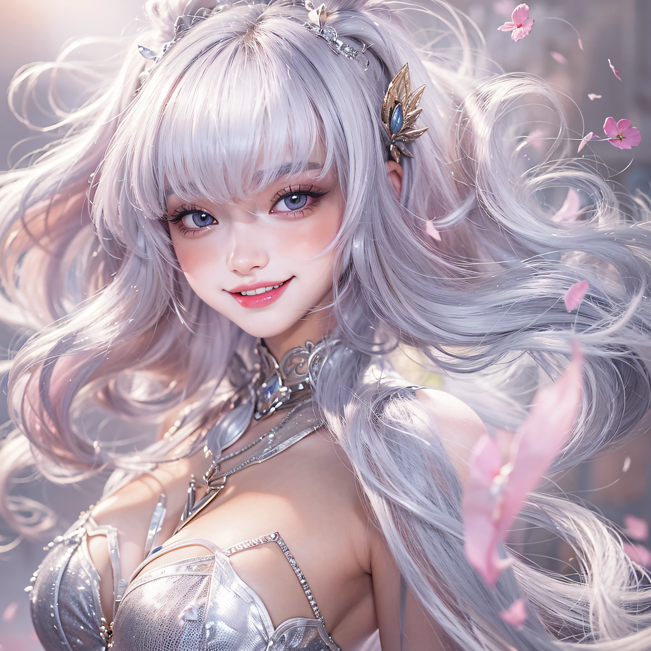 (masterpiece, best quality), Mobile_Legends_Odette, blunt_bangs, pink_eyes, Silver_hair, smile, (fangs)