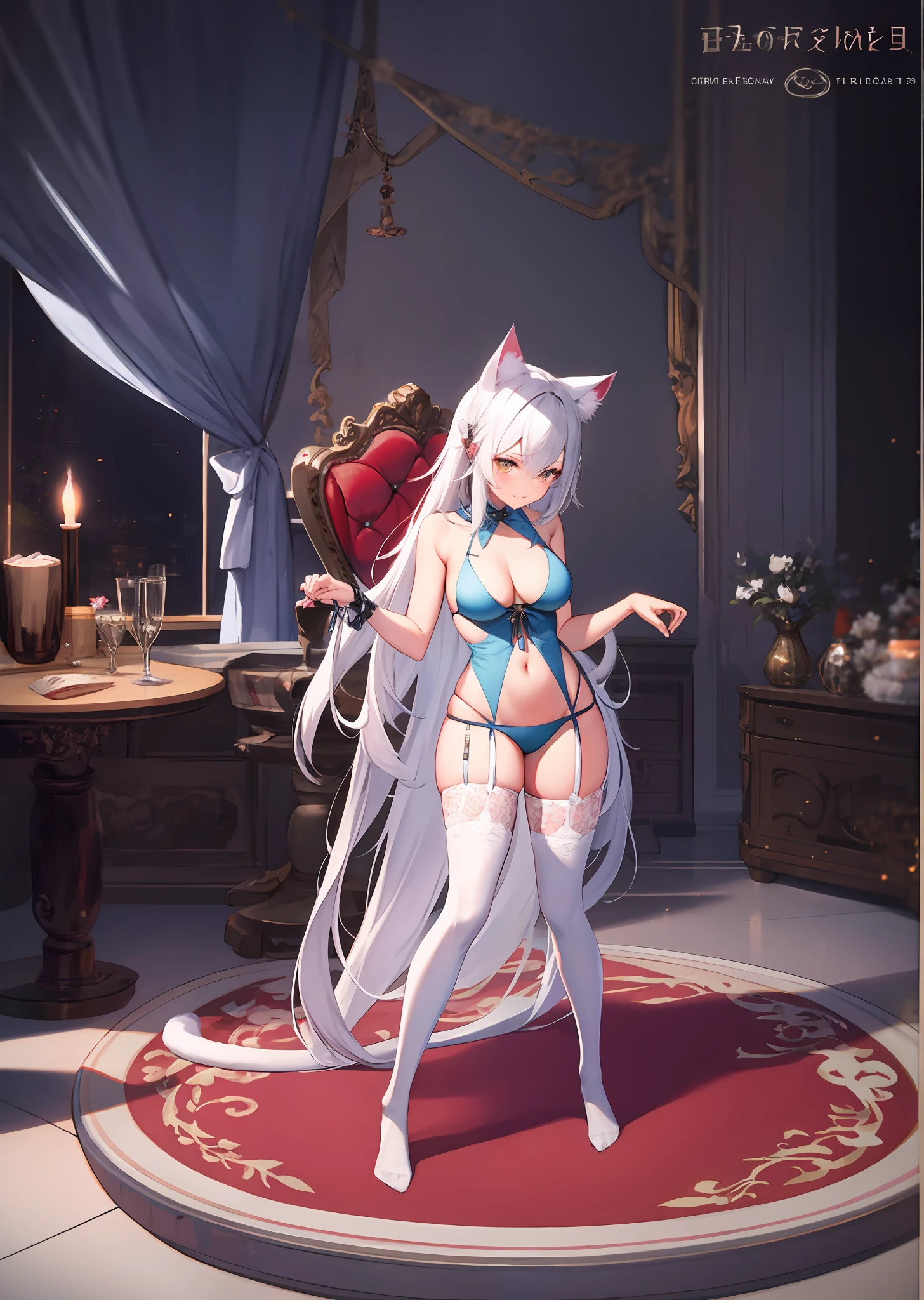 cat ear,a cat tail,white stockings,Sexy beauty,High- sharpness,without wearing shoes,Noble