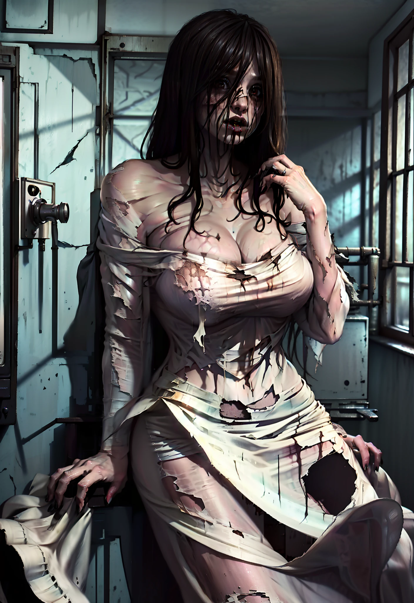 Realistic Japan horror movie taste images, masterpiece, (Best Quality), (absurdness quality), High resolution, 32K, (Photorealistic:1.4), Black hair, {{{Ultra-realistic photos of Sadako}}}, (((torn, strapless, white dress))), {{{Long hair above the eyes, eyes covered, whole Face hidden in long hair}}}, Spooky Ghost Woman, Messy abandoned house, TV in the room, Dark atmosphere, Super huge cleavage exposed from white dress, Full body shot, whole room view, Super huge breasts spilled out of dress,