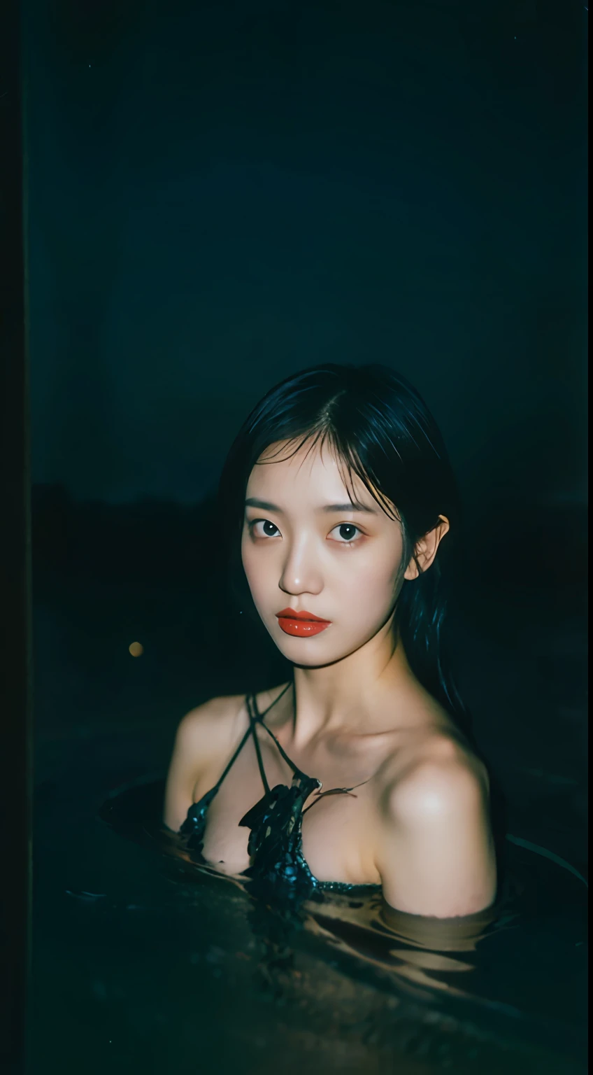 night scene, dark, a stunning photo with beautiful saturation by Emily Soto, pretty korean idol woman, (mature:1.3), best quality, sultry, seductive, wet (looking at viewer:1.3),