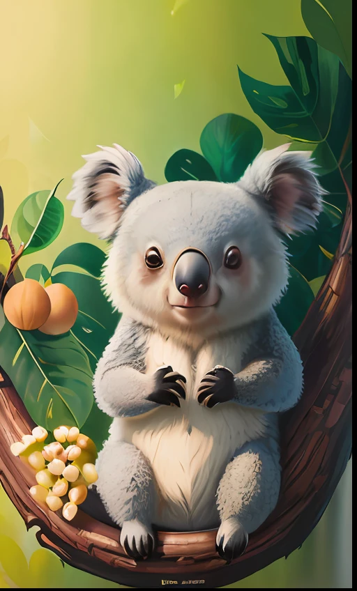 there is a koala bear sitting on a branch, there is a bunch of macadamia nut, surreal painting, digital art, koala bear, cute detailed digital art, surreal illustration, beautiful artwork illustration, digital illustration style, lovely digital painting, animal illustration