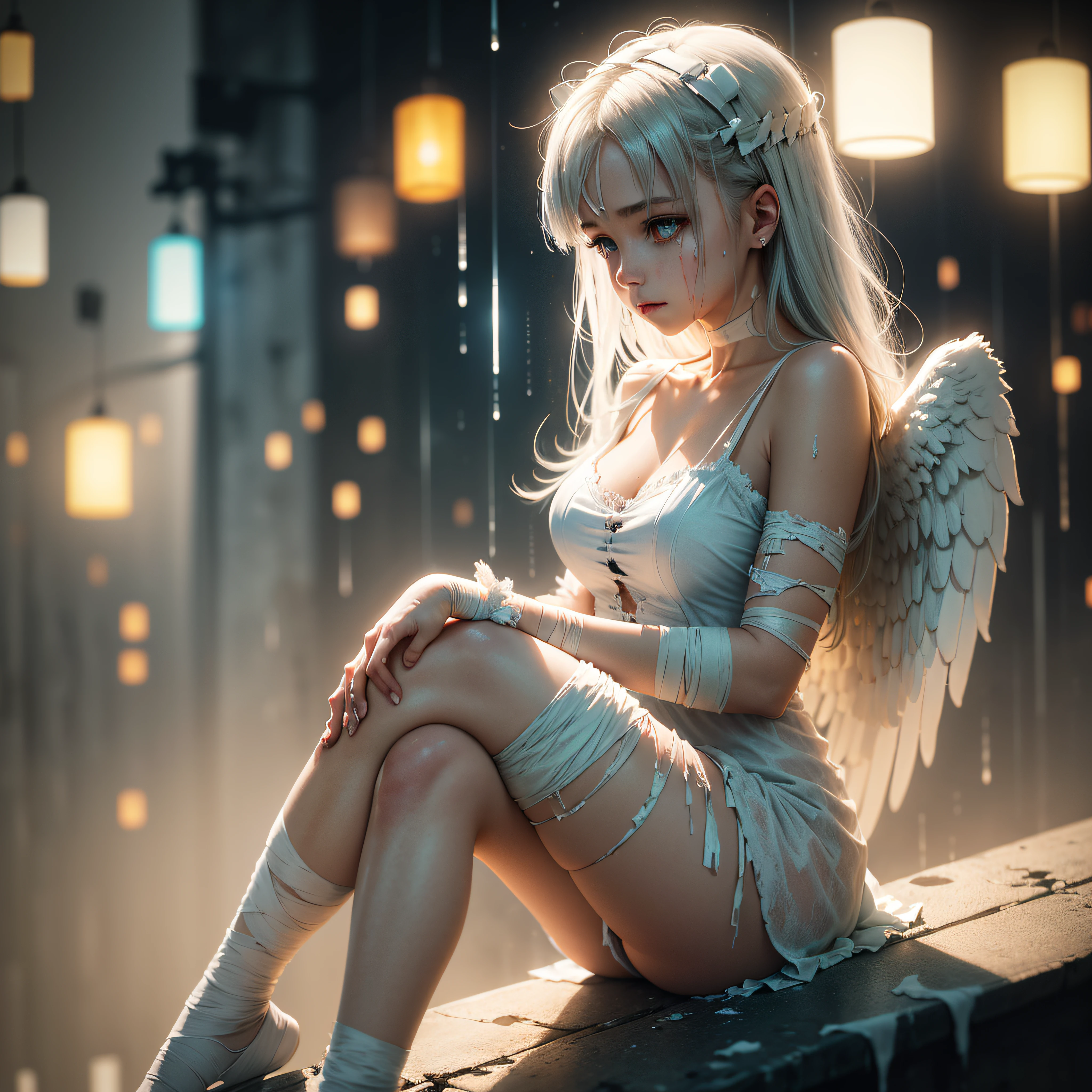 a woman with angel wings, in a white dirty torn dress with bandages on her arms and legs, sitting on a ledge, sitting against the background of yellow and blue lights, rain, muted colors, bokeh ((masterpiece, best quality)), high detail, detailed face, blood particles, full body --auto