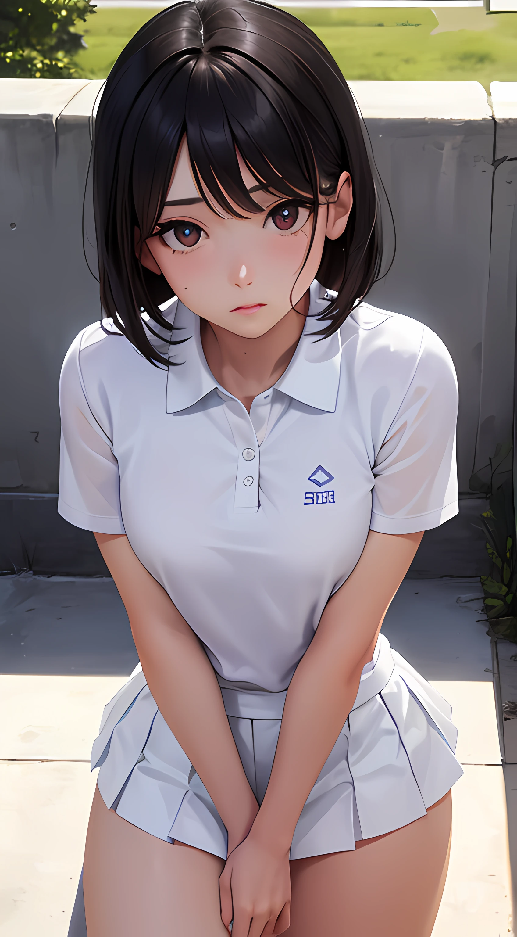 1girl, solo, white polo shirt, white sneakers, tennis wear, white mini skirt, masterpiece, best quality, realistic, super detailed, (shiny skin, sweating: 1.4), ridiculous, looking at the audience, short black hair, brown eyes, slender, dynamic light and shadow, high resolution, sharp focus, depth of field, fine eyes, sharp pupils, realistic pupils, (small chest: 1.8), (thigh thickness: 1.0), outdoor, sky
