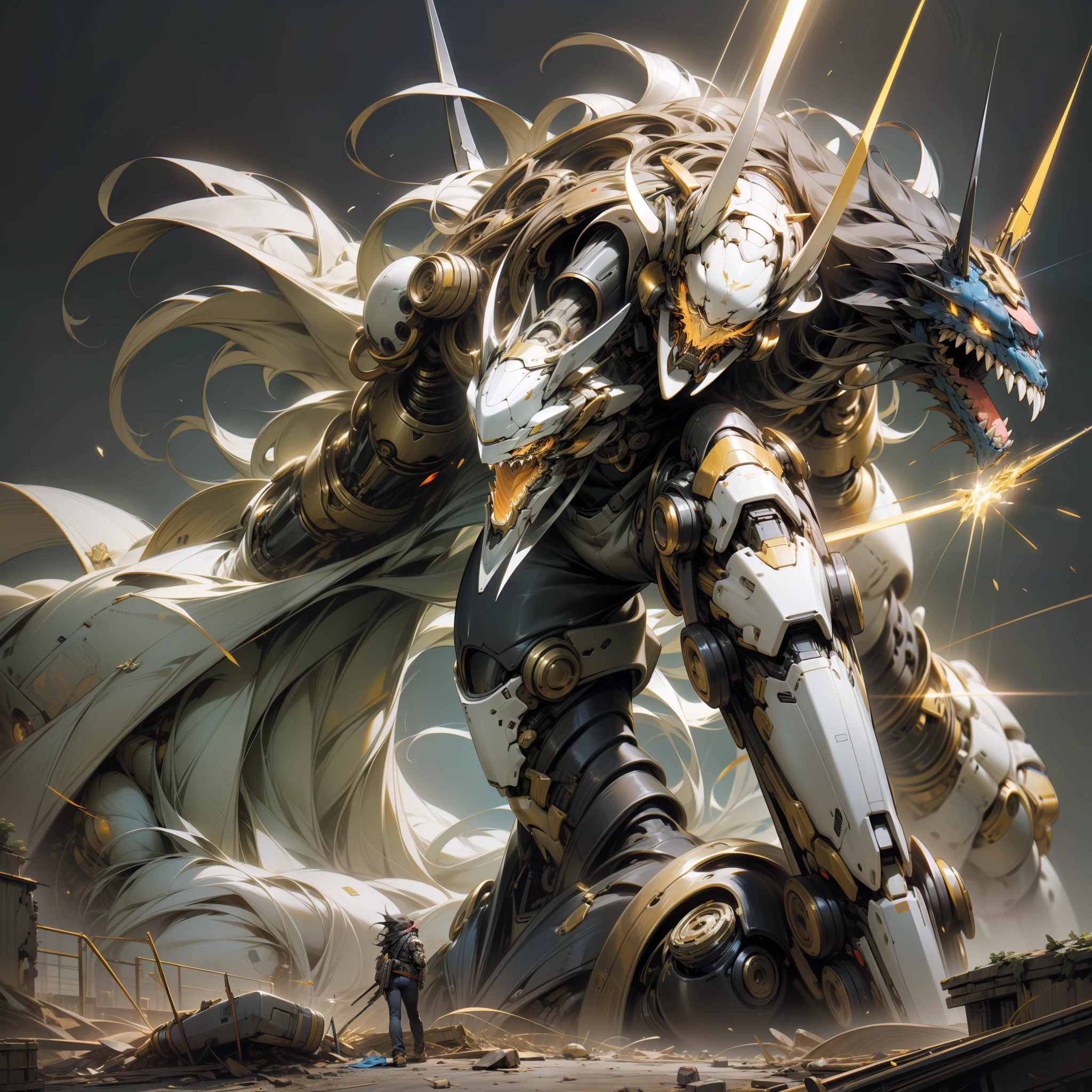 (Golden ratio:1.2),[(Black background:1.4)::10],(Masterpiece), (Best quality), (Ultra detailed),(Disheveled hair),(illustration),A huge mechanical monster,Giant monsters,(Fantasy composition:1.4),(Heavy giant pliers:1.3)+(The tail is a beam sniper rifle:1.2),The body connects multiple energy delivery tubes，To provide the energy needed for beam sniper rifle firing,((A random patchwork of mechanical monsters)),(Mechanical arthropods),(Mechanical limb),/(Biomimetic technology:1.3/),In the ruins,shiny body,UHD, retina, anatomically correct, textured skin, super detail, best quality, highres