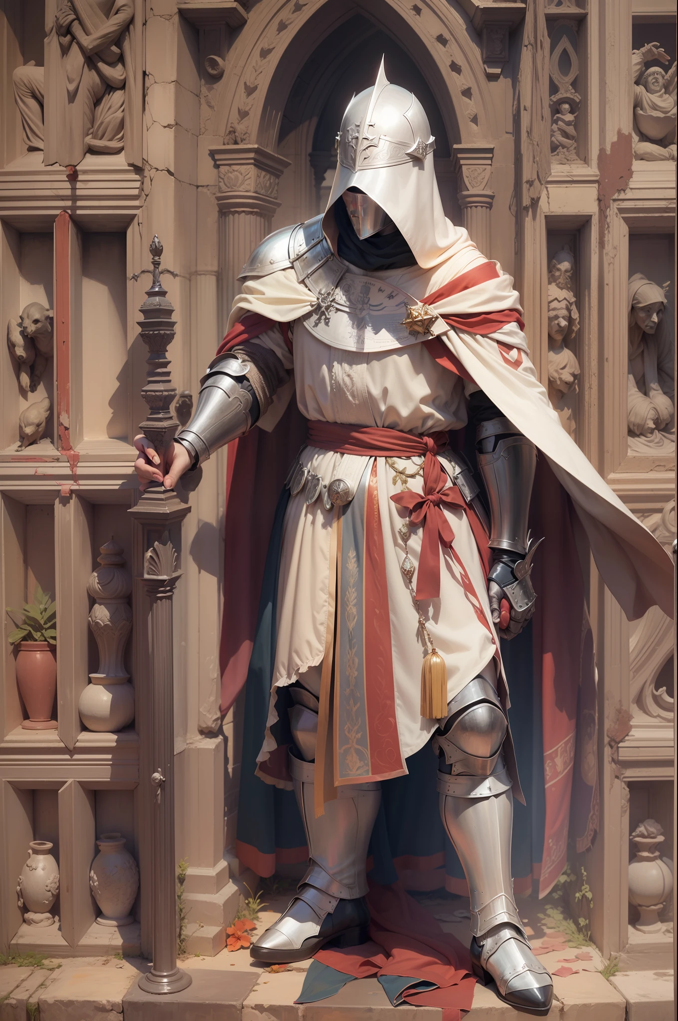 Arte conceitual, Top angle of a Knight Templar, vestindo roupa medieval, Igreja no fundo da imagem, equiretangular 360, Alto, [(arte de Willi Baumeister:1.1), (arte por John T. Maiores:1.2)::17], Arte Oficial, papel de parede Unity 8K, Ultra Detalhado, aesthetic, obra-prima, melhor qualidade, fotorrealista