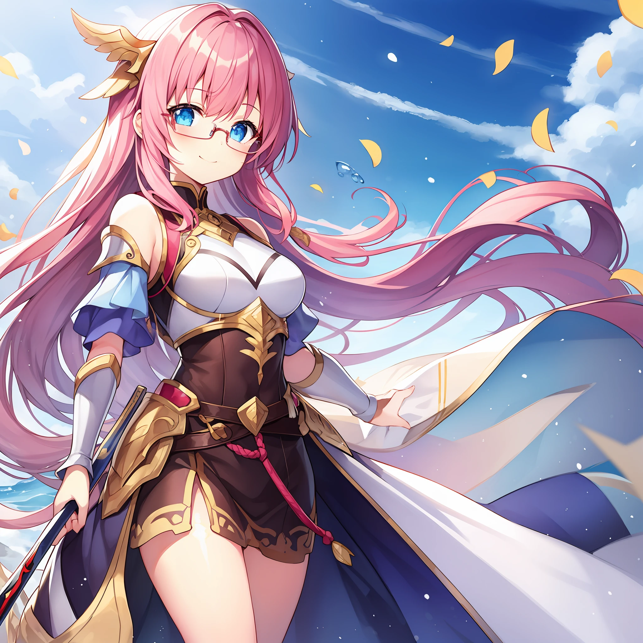 Distant composition、1girl in、line-drawing,Pastel tones,watercolor paiting、Highest Quality,masterpiece(high)、Gentle eyes、thick outline、Rimless glasses,、Petite girl、Punipuni、Pink hair color、 Shiny hair、Smile、Snow White armor、Thin and beautiful sword in hand、Bright background、夏天、 Dazzling morning sun、blue-sky、