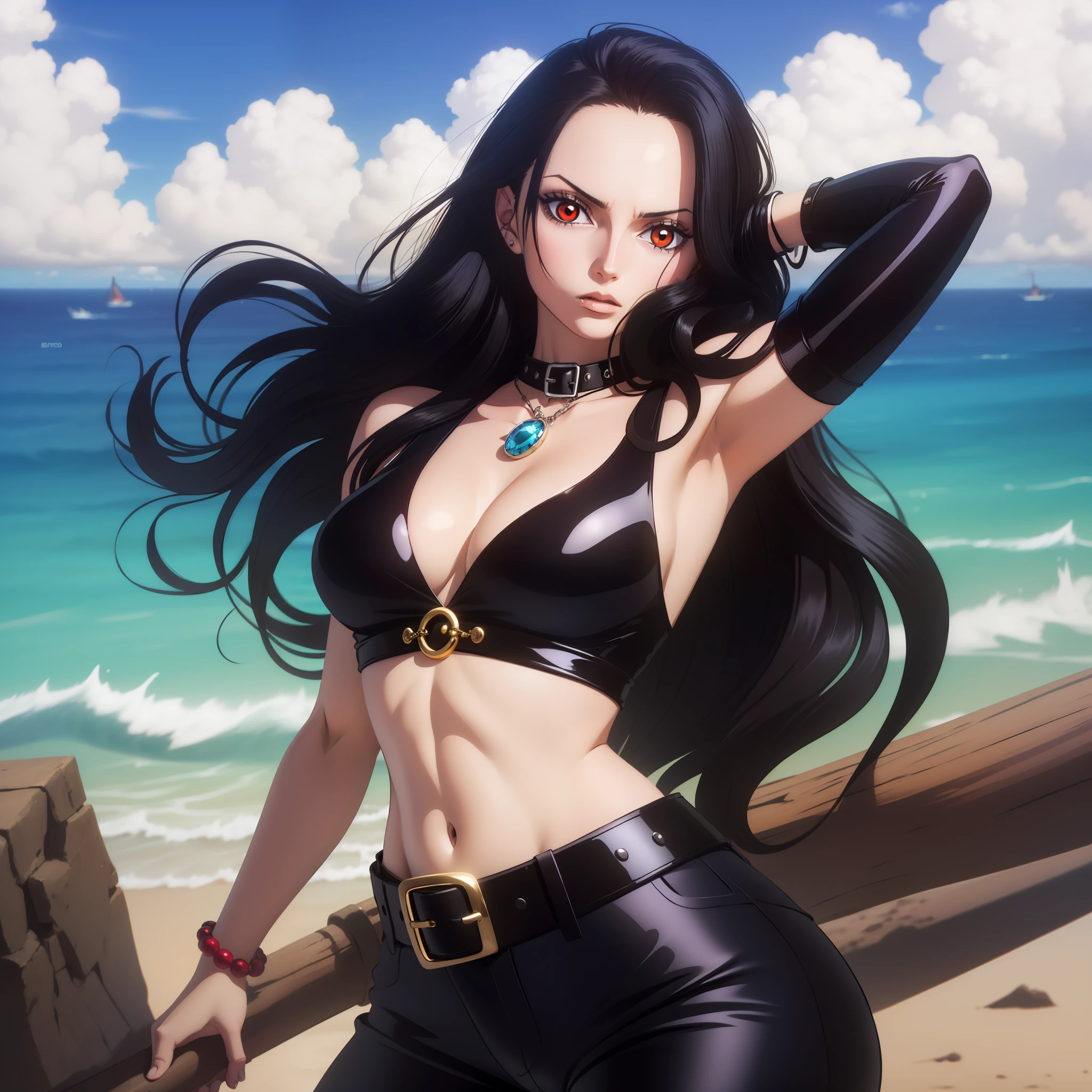 melhor qualidade, Red-eyed woman with long hair medium breasts top black medium belt black bright red eyes, cabelo preto, colar, pose fofa, black collar high black pants, frightened expression side pose, batom vermelho na boca, dentro de um navio, em alto mar, mar atras, Olhos vermelhos, cabelo longo pretos, olhos vermelhos brilhantes, pirata, navio de pirata, arqueologa colar, bracelete, usando oculos de arqueologa, boa hancok Cobra amarela pose sensual pose para foto nico robin Cobra Com Escamas Amarelas