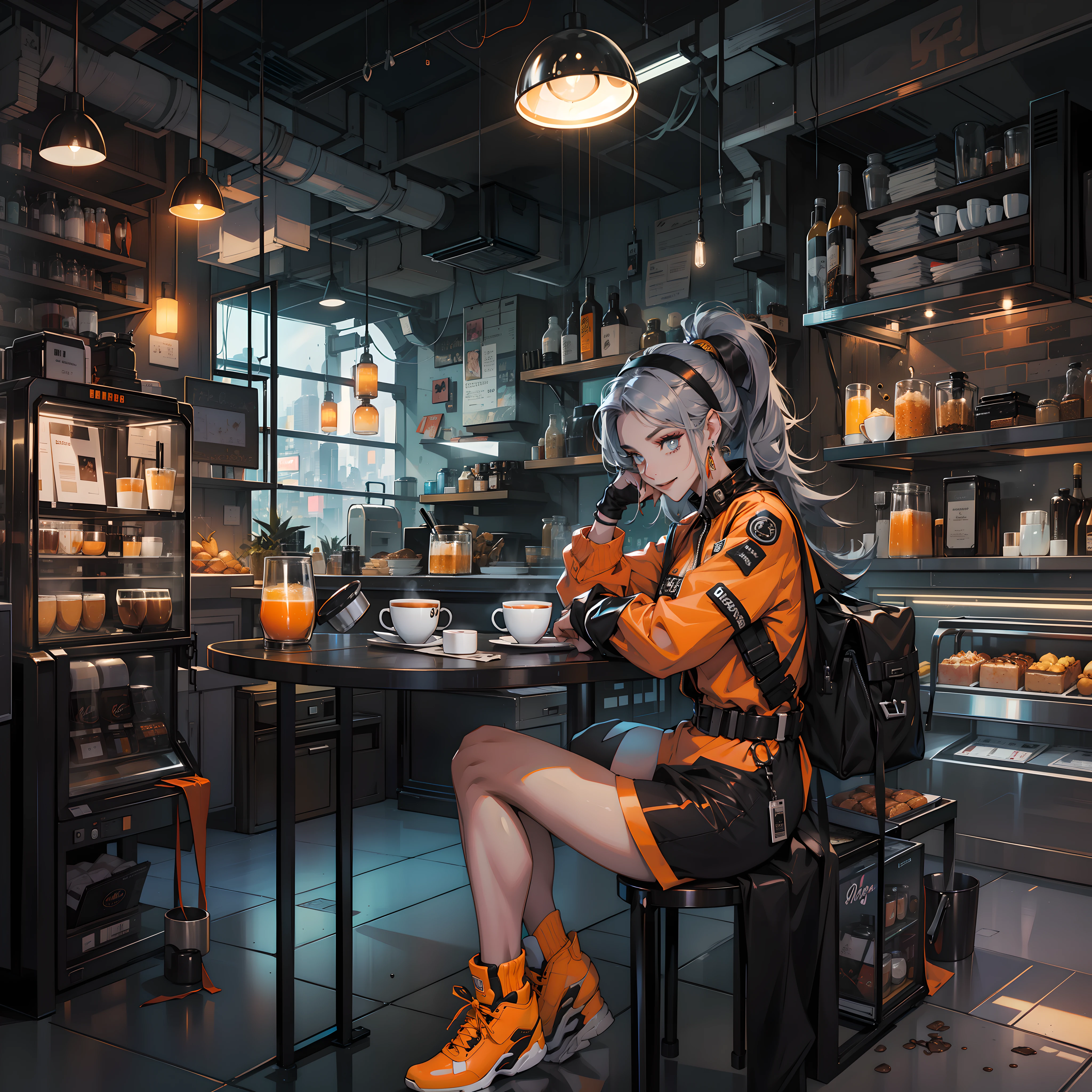 Best quality,tmasterpiece,Ultra-high resolution fills the picture,Indoor at night,Cafe in the sky,Orange color scheme for the café,There was coffee and wine,the night,inside in room,Coffee machine,Coffee lockers,Orange neon color scheme,Silver-white hair,Black fashion clothing,Orange and black matching outfits,boxer,Cafe beautiful girl,cyberpunk backgrouns,The background is colorful,Lateral face,Smiling,Various laid-back poses,Perfect makeup,Love eyes,8K quality,cyber punk perssonage,sense of science and technology,Character backlighting,rim-light,Movement changes,Flowing hairstyle,Loose hairstyle,The number of fingers is refined,The most beautiful girl in mankind,Wear a headband,Luminous accessories,Luminous earrings,Wear delicate accessories,Delicate close-up of the face,Realistic image quality,Super light and shadow,Very good figure,Meticulous,Have a cup or coffee on the roof in the evening,Very good figure,Raised sexy,luminous,Cool,Very stylish café,Cafe at night,Ray gorgeous,Have food,Laugh happily,