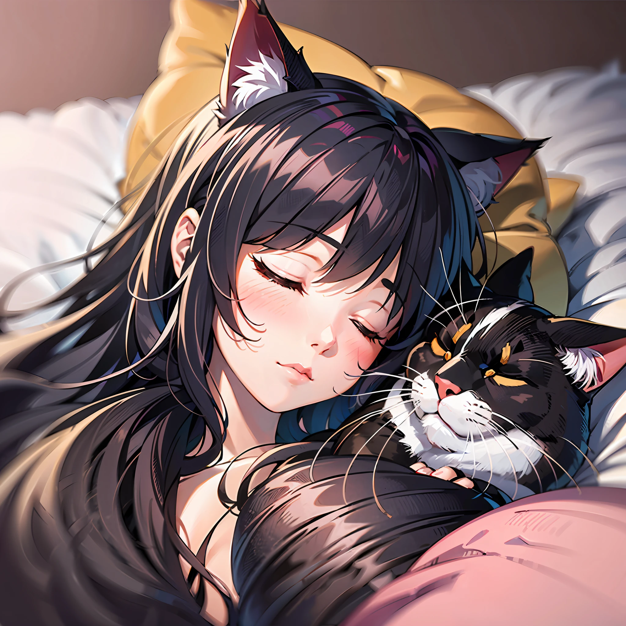 (with a round face+Round chin+style of anime+cat ear)The girl wears pink loose pajamas,Long black messy hair,fall asleep,sleeping with closed eyes,Lie down in bed