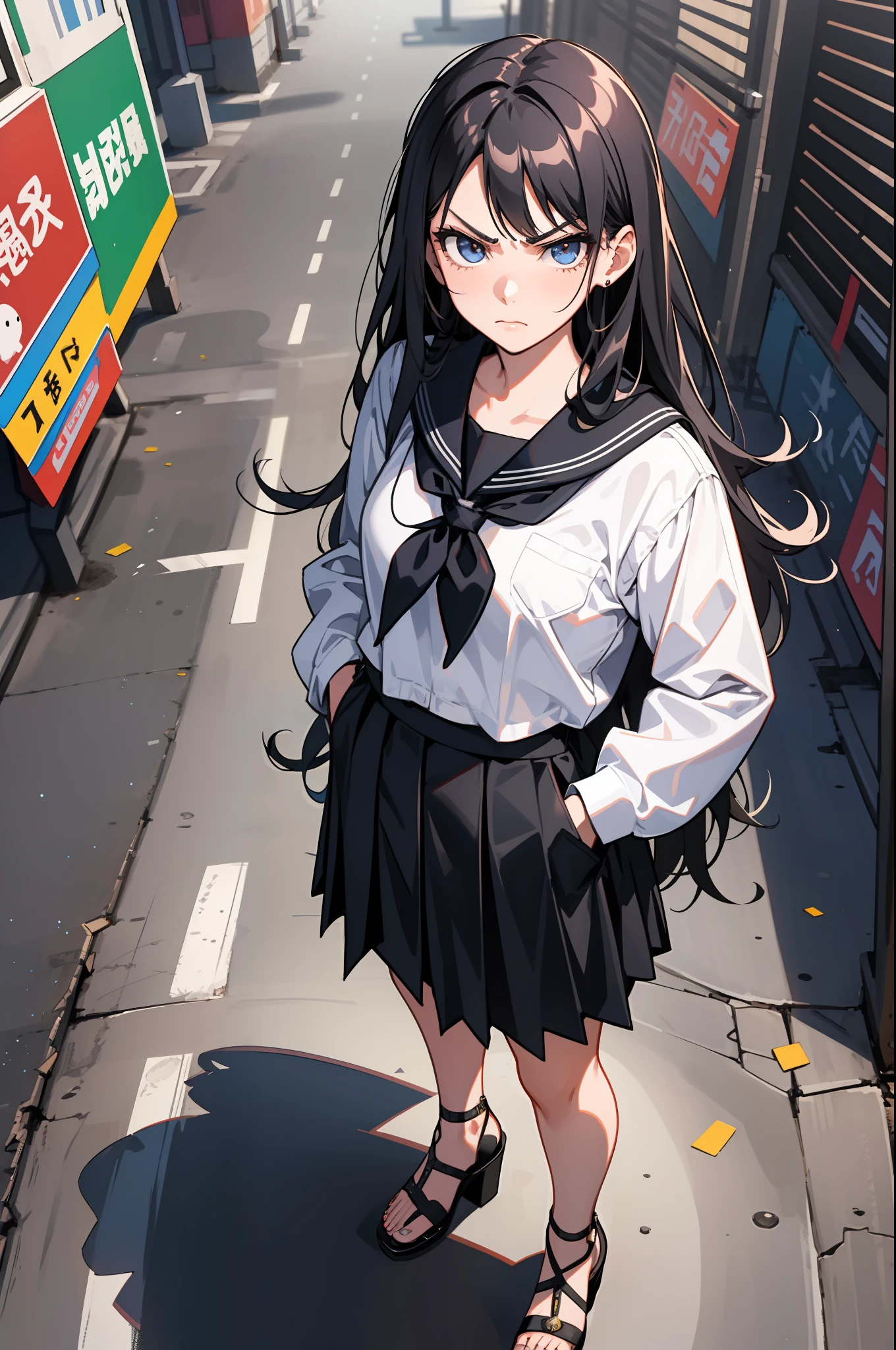 clearface,master piece,hyper quality, Hyper Detailed,Perfect drawing,nffsw,3D,8K,Illustration,Beautiful Girl,hiten_1,Wearing a black sailor suit with long black hair, Ankle length pleated skirt (Maxi skirt:1.3), standing with hands in her pockets, ((Glaring at me sharply, Condescending look from above)), Beautiful girl with amazing face, long eyelashes, Slum、 harems、 (High heel sandals)、 Dark eyeliner,Outrage、Beautiful background color、Detailed drawing、Accurate drawing、Anatomy of the human body、(((Shot from diagonally below)))