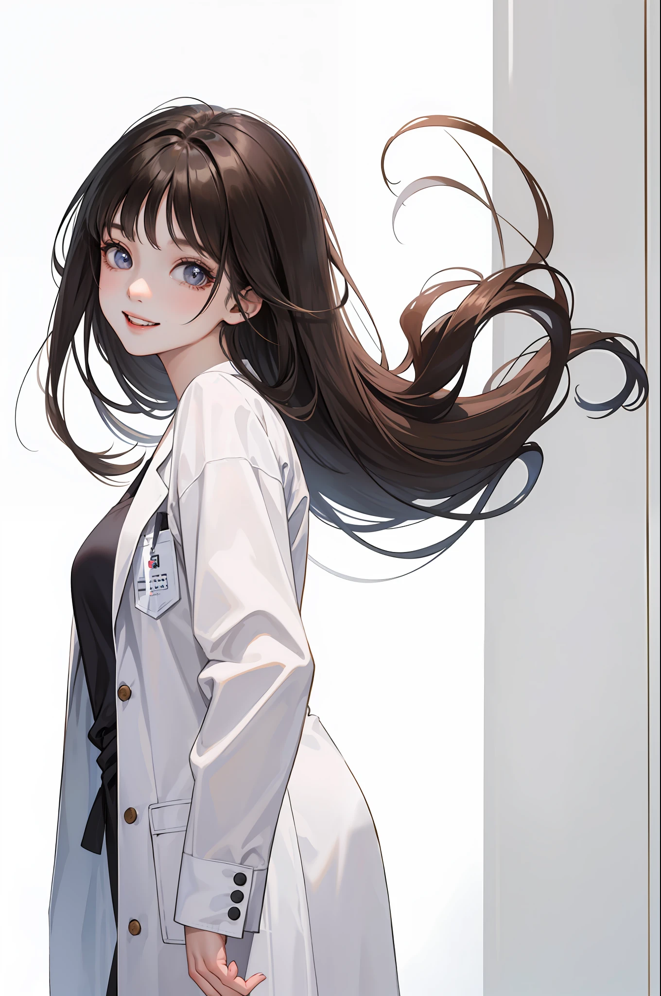 1 Young and friendly girl、length hair、white lab coat、masterpiece、top-quality、8K UHD、超A high resolution、White background、Studio Lighting、Dark hair、Smiling、dentist、Round contour