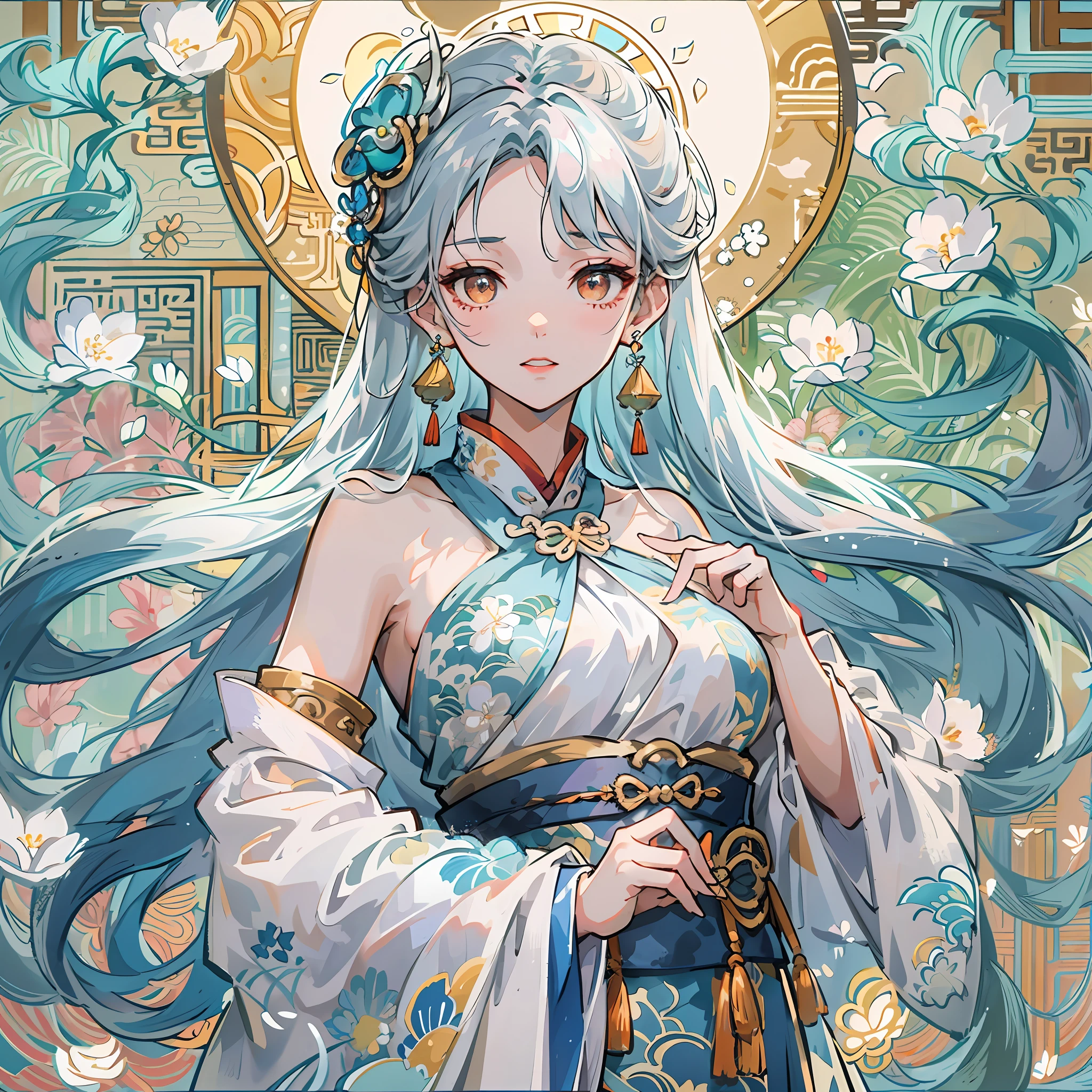 Mature girl ,Dark orange eyes,Blue-white hair color,Floating hair,Delicate and agile eyes,Intricate damask hanfu,Gorgeous accessories,Wearing pearl earrings,fov,f/1.8,tmasterpiece,Ancient Chinese architecture,blue-sky,Petals flying,Frontal portrait shot,Chang'e,Side lighting,The sun shines on people,16k
