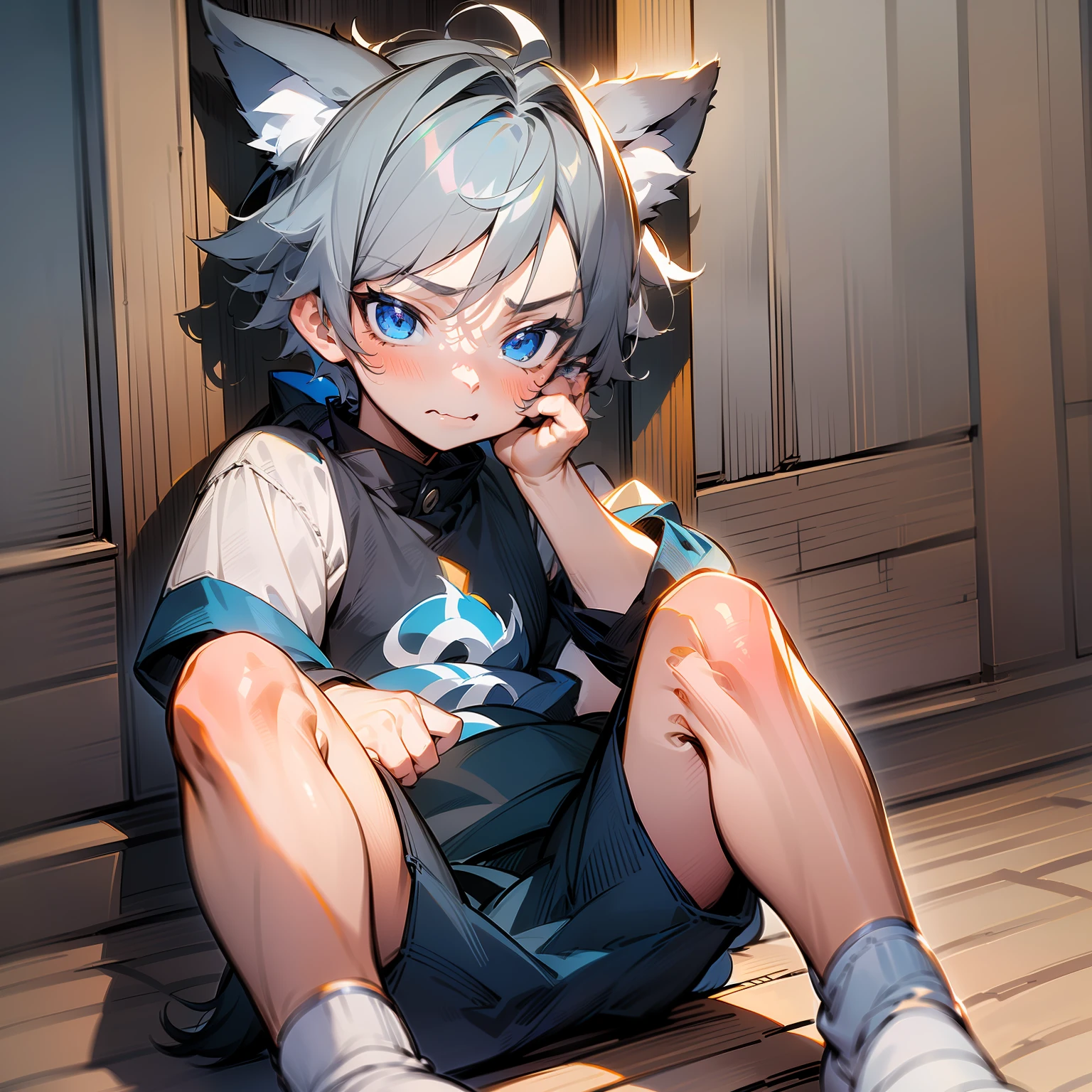 (1boy), (Shota), (HD quality, masterpiece level), cute teen character, dark gray hair, blue eyes, (wolf ears), (wolf tail), one tail, little boy, a pinch of blue bangs, chubby face, cute feet, cute face, solo, cinematic lighting, angry,