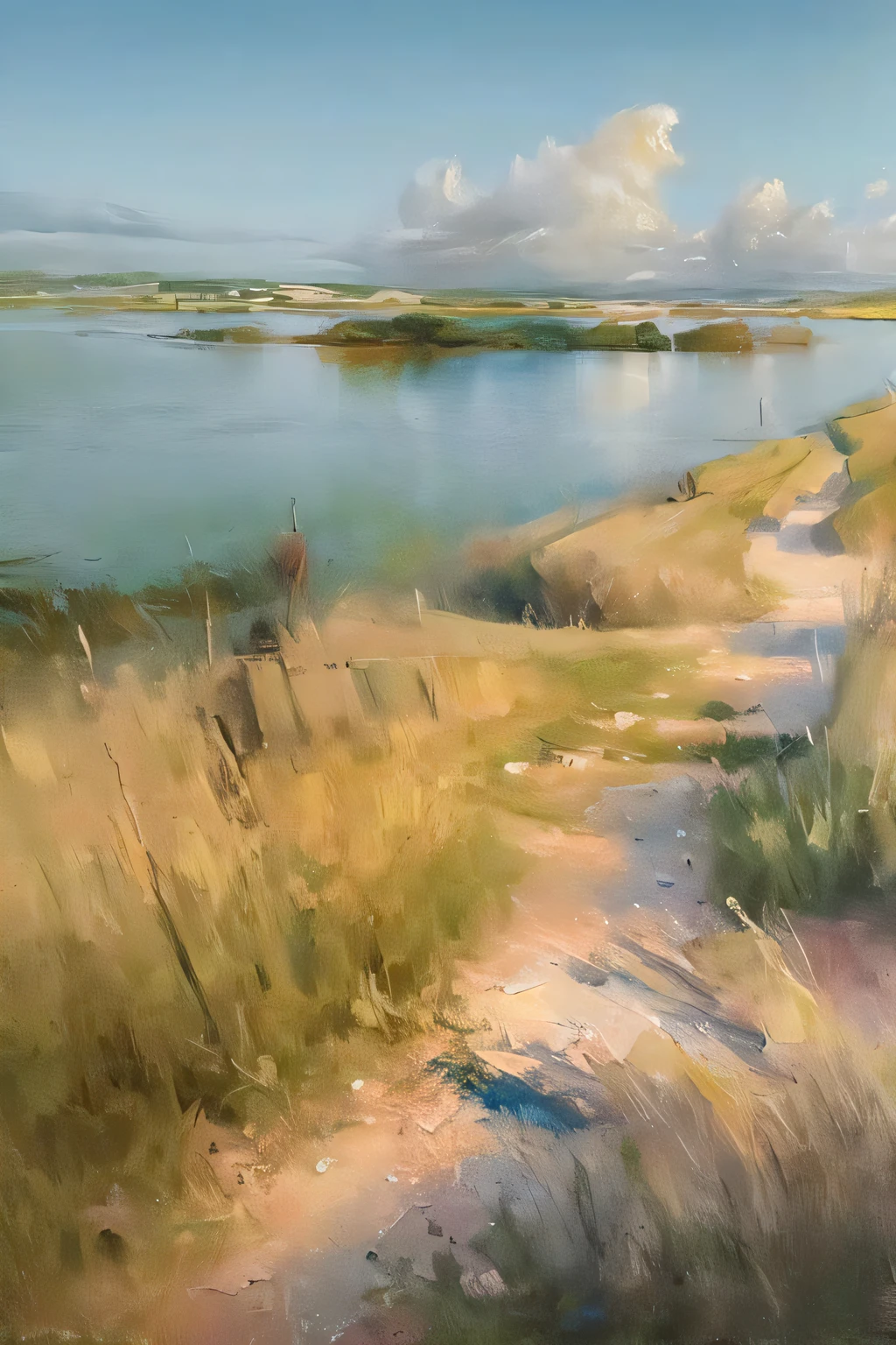(masterpiece, realistic:1.3),
estuary, sky, reeds, landscape, oil painting, detailed, 4k texture,