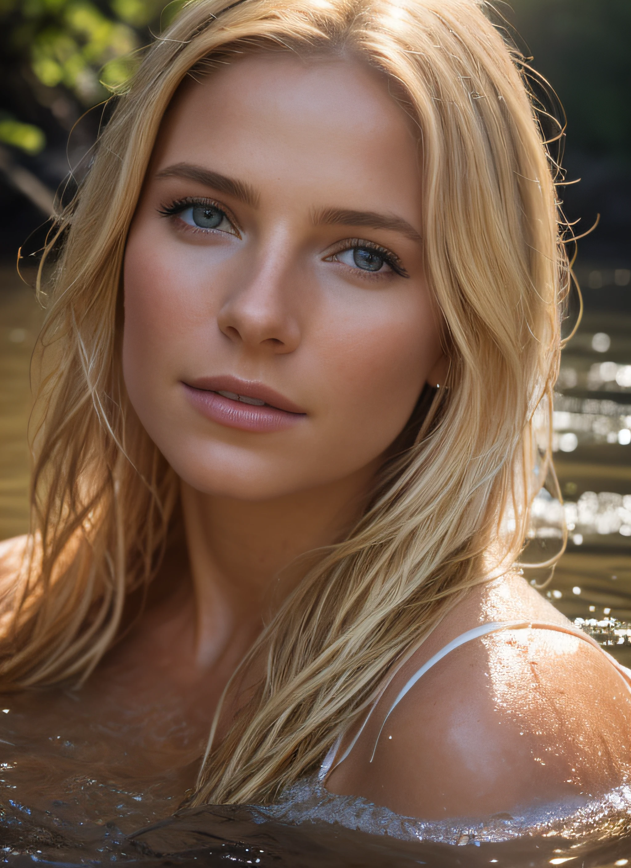 Close-up portrait of a pretty blonde woman bathing in a river, roseaux, (backlight), Realstic, master piece, of the highest quality, lens flare, ombre, bloom, [[aberration chromatique]], par Jeremy Lipking, par Antonio J. Manzanedo, digital painting,  8k, super detail, ccurate, best quality, award winning