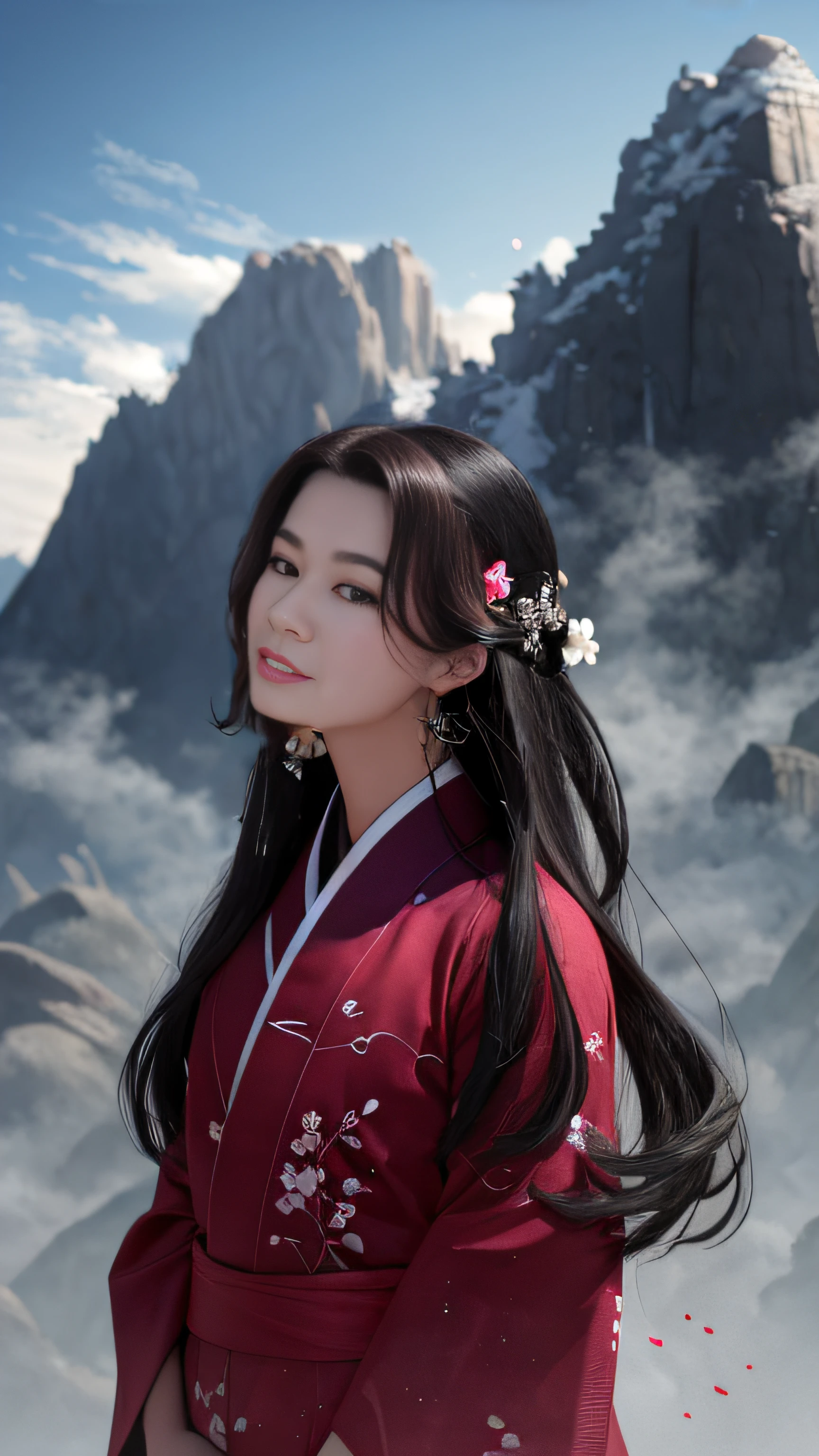 stechu,(white background:1.4), ((tachi-e)), original,(illustration:1.1),(best quality),(masterpiece:1.1),(extremely detailed CG unity 8k wallpaper:1.1), (colorful:0.9),(panorama shot:1.4),(solo:1.2), (ink splashing),(color splashing),((watercolor)), clear sharp focus,{ 1girl standing },((korean style )),flower background,outdoors,rocks, looking at viewer, make happy expressions,soft smile,pure,beautyfull detailed face and eyes,beautyfull intricacy clothing decorative pattern details, black hair,black eyes,colorwater