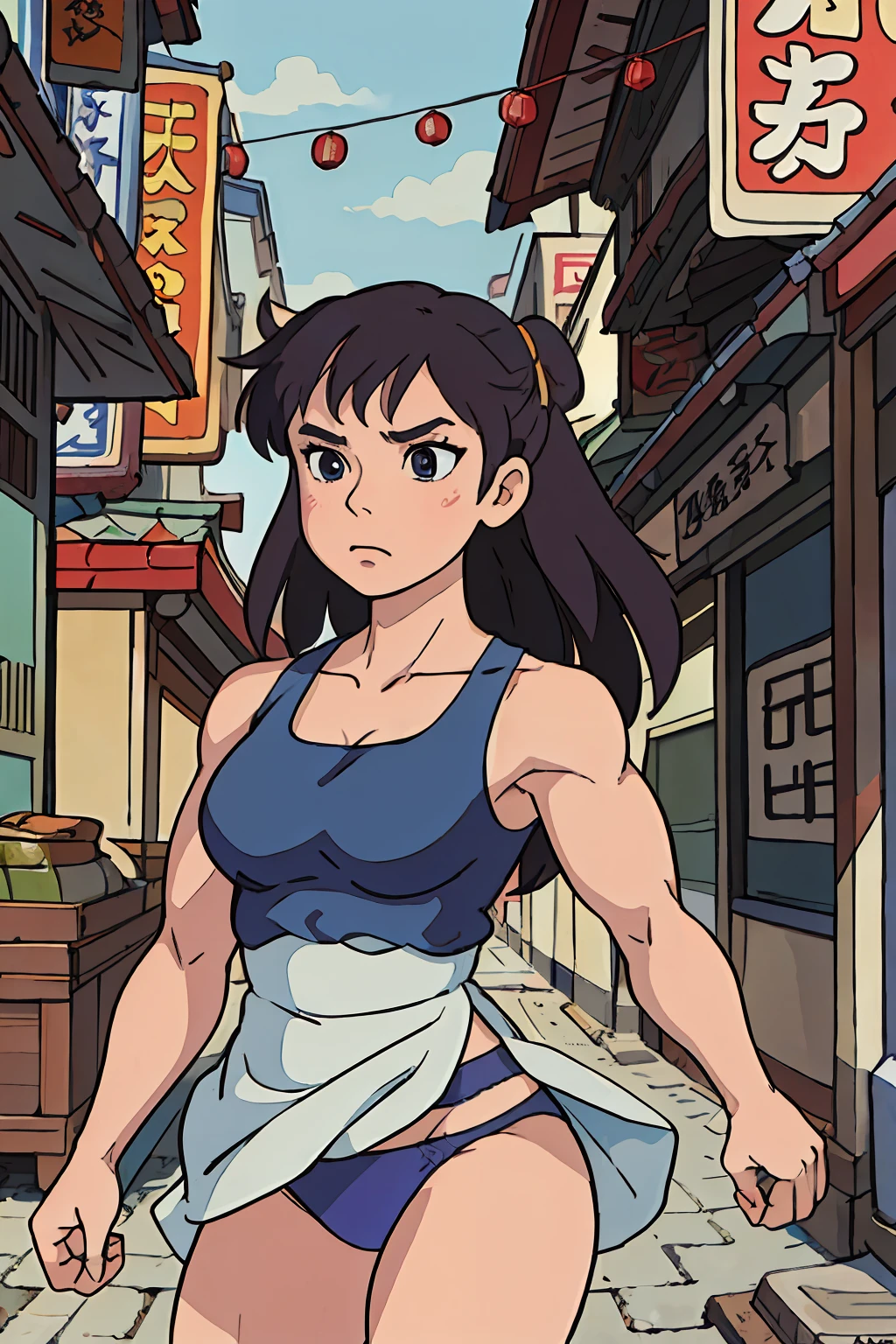 (masterpiece:1.2, best quality), (highly detailed:1.3), perfect anime illustration, chun-li, blue panties, blue dress, serious, muscles, china town,  ghibli style