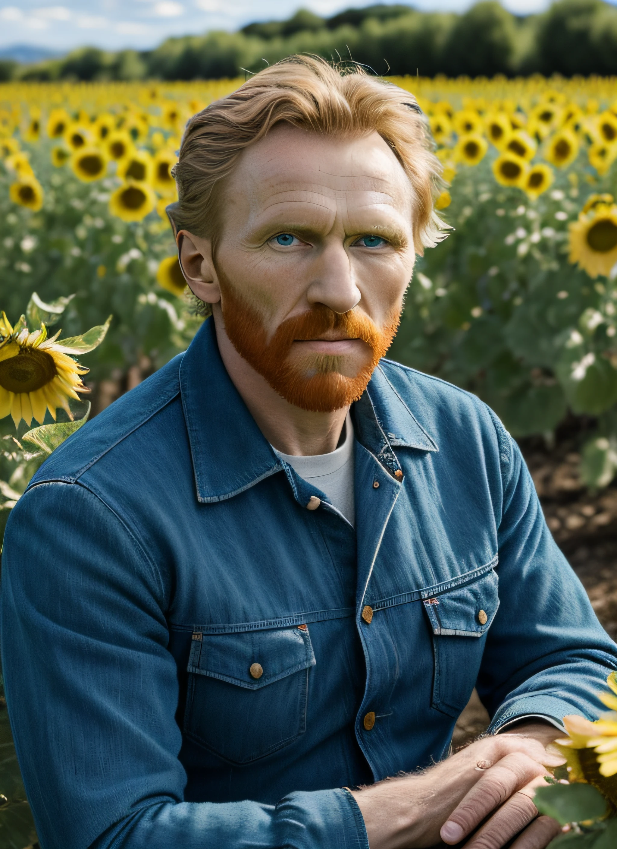 vincent van gogh dans un jardin de tournesols, 8k, super detail, ccurate, best quality, award winning