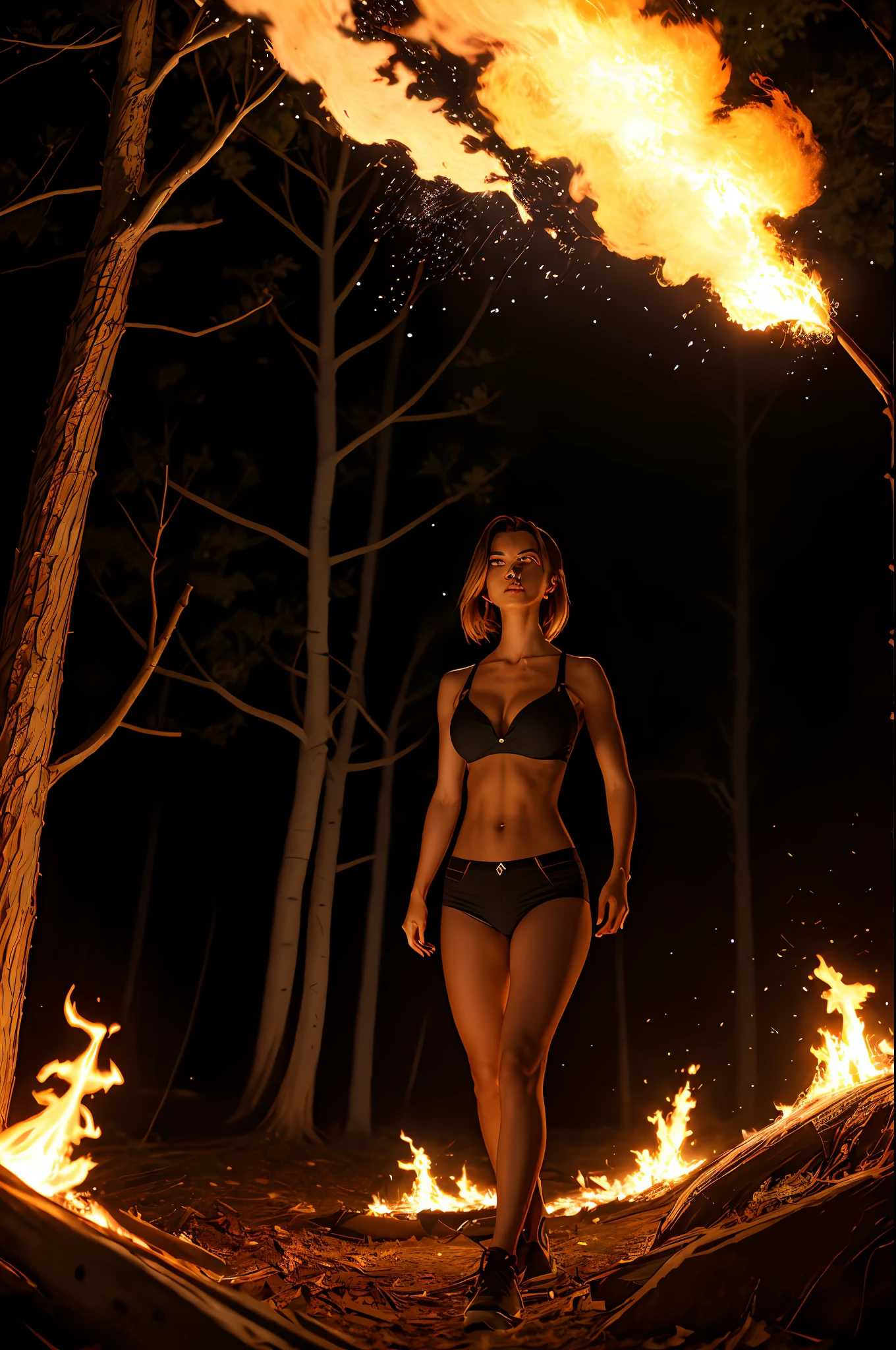 (Extremely detailed 8k wallpaper), a mid shot photo of an unpredictable female vampire walking in a burning forest at night, complex, highly detailed, and dramatic, 25 years old girl, fit girl, happy:1.2, power pose, powerful, cinematic lighting, fireflies, bokeh, smoke, power field, visible powerful aura, glowing aura, large breasts, fire art, fire artist, burning grounds, burning leaves, burning canopy layer