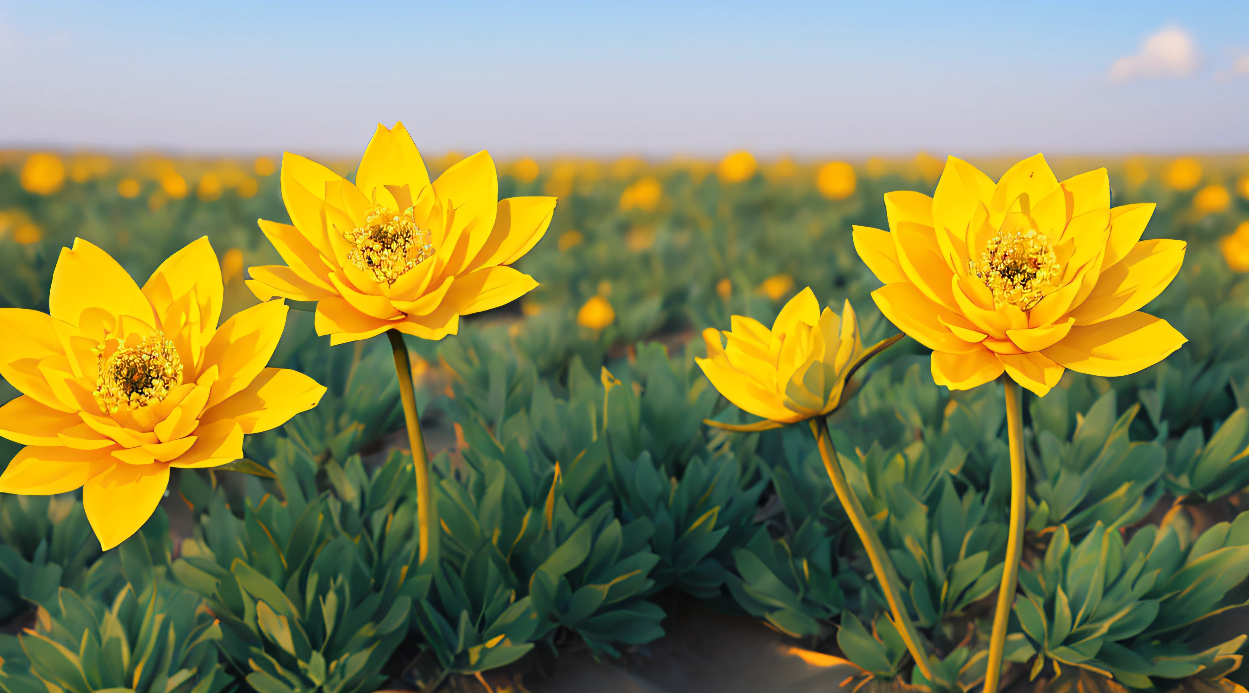 In the desert far from the hustle and bustle,A sand dune blooms with golden lotuses,They grow tenaciously on barren land,Bring warmth and relief to people。The background is a bokeh green,Telephoto close-up,close up photograph,Fresh and elegant,Fresh and natural,Eye protection,Beautiful,Real flowers,high-definition photography,Rich and delicate in detail,8k,HighestQuali,tmasterpiece,Clouds and stars in the sky