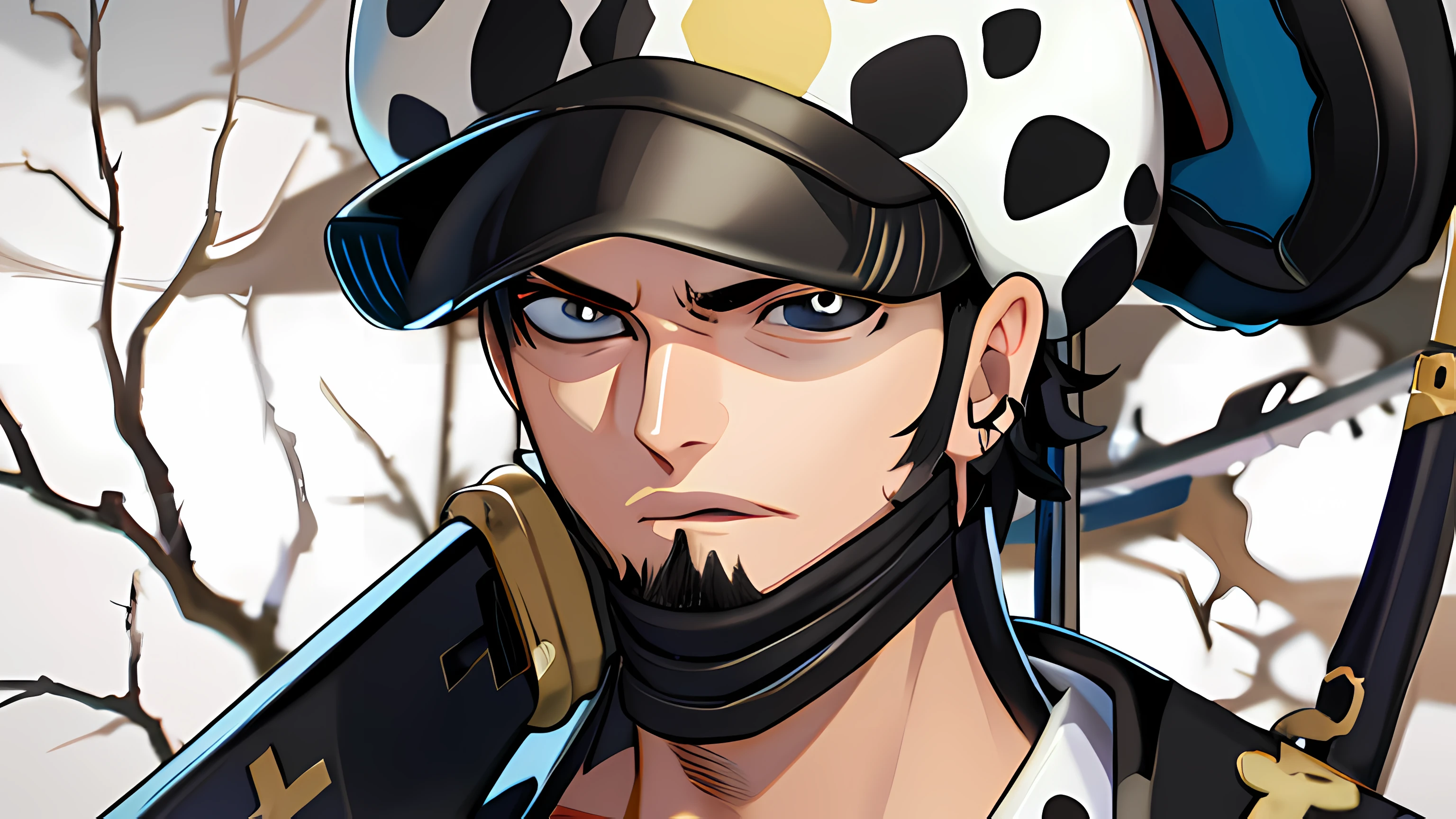 realistic anime artstyle, hair detailed, oil paint, trafalgar d law, one piece, black hair, detailed eye, detailed nose, realistic, black eye, black sword, realistic, white hat, uncovered neck