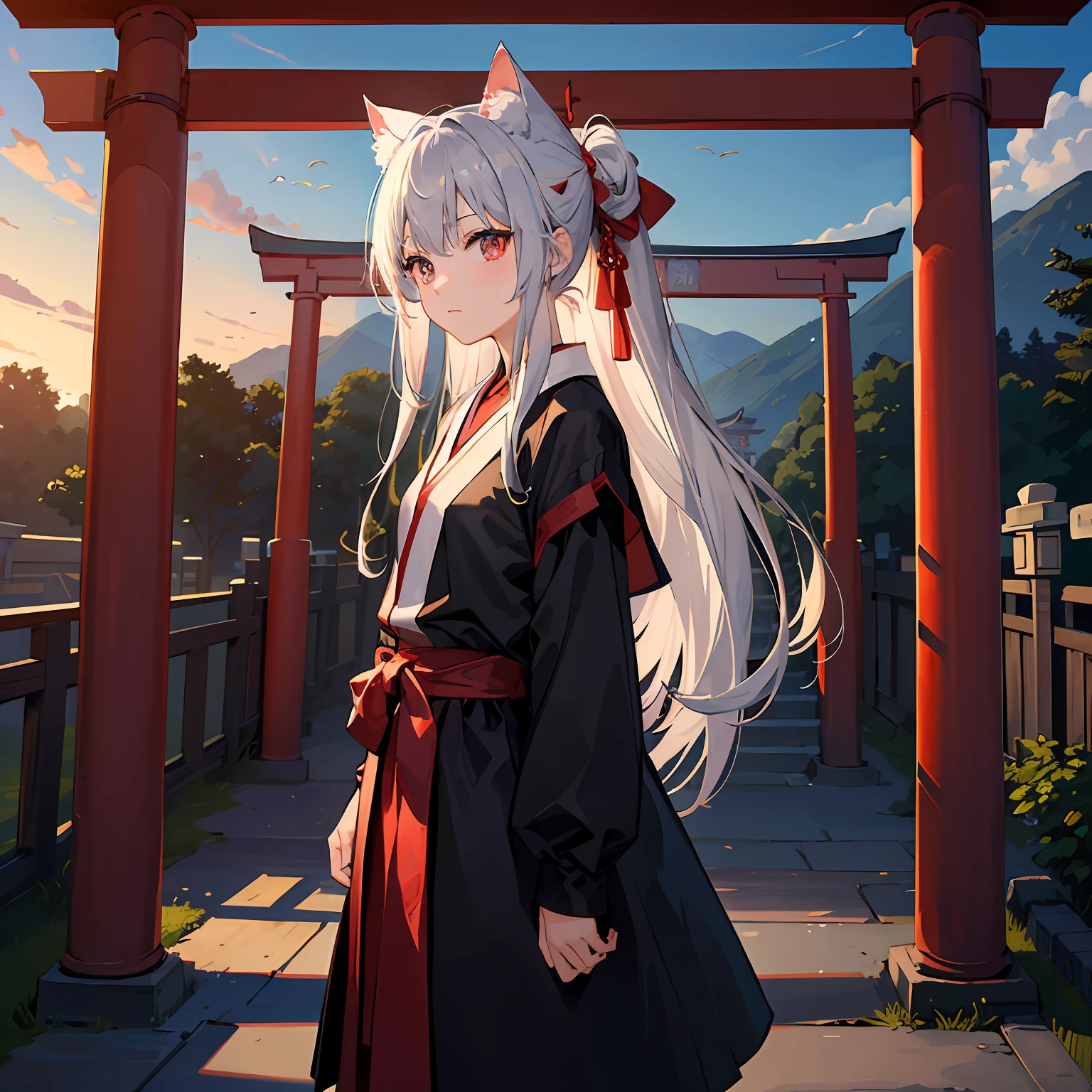 ((Master masterpiece)), ((Top image quality)), illustratio,There is a large torii gate、Only the other side of the torii gate seems to be at night、A little girl is standing in front of the torii gate、The girl wears a priestess outfit、Long gray hair tied up at the waist、Has red eyes、cat ear、The girl is turning around、Expressionless、I have emotionless eyes.、