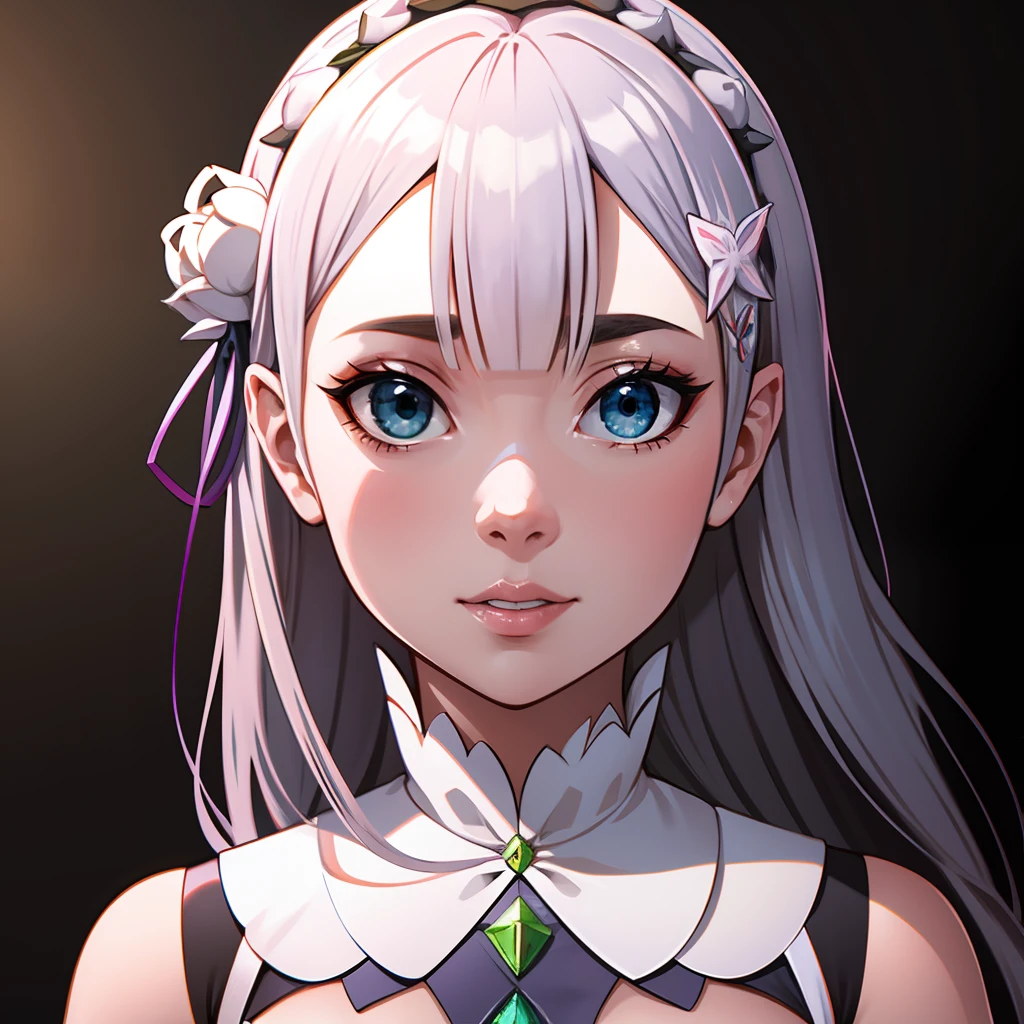 bonito, obra-prima, melhor qualidade, cinematic lighthing, extremamente detalhado CG unidade de papel de parede 8k, retrato Emilia (Re:Zero)