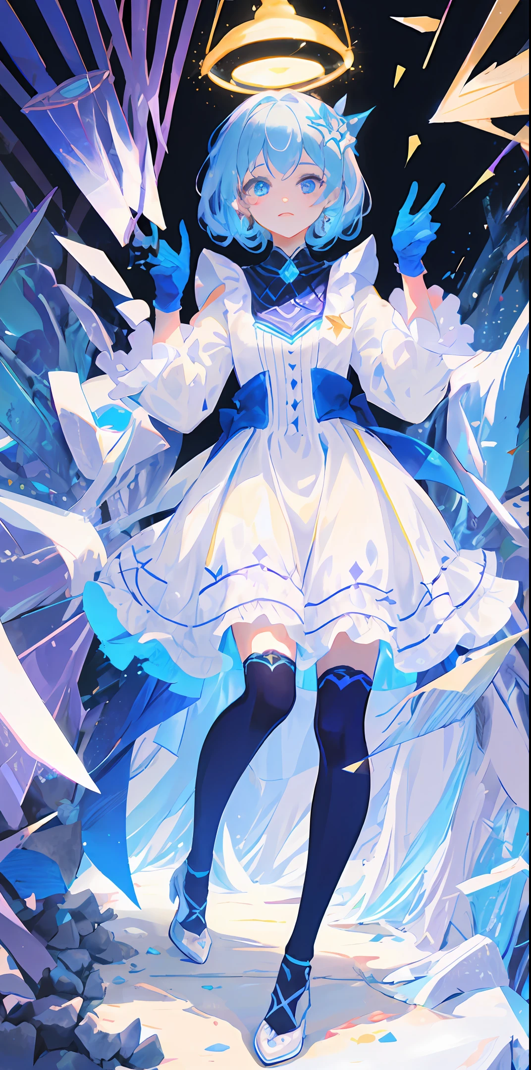 lightblue hair,quadratic element,white dresses,Purple gloves,With a pair of scissors,League of Legends Gwen style,curlies,Pure girl,blue color eyes,Touching face,white stockings,squatt,white Heels