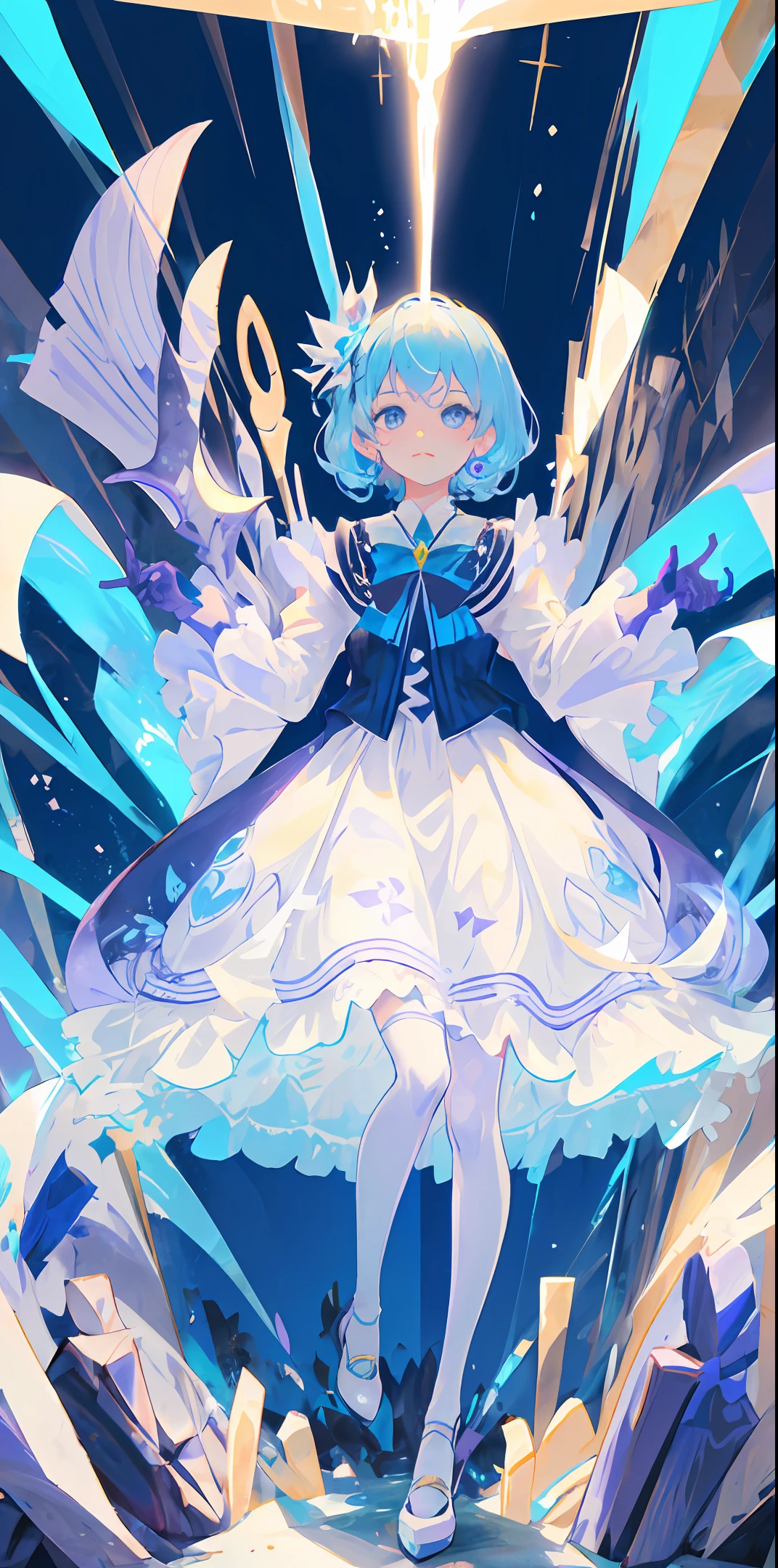 lightblue hair,quadratic element,white dresses,Purple gloves,With a pair of scissors,League of Legends Gwen style,curlies,Pure girl,blue color eyes,Touching face,white stockings,squatt,white Heels