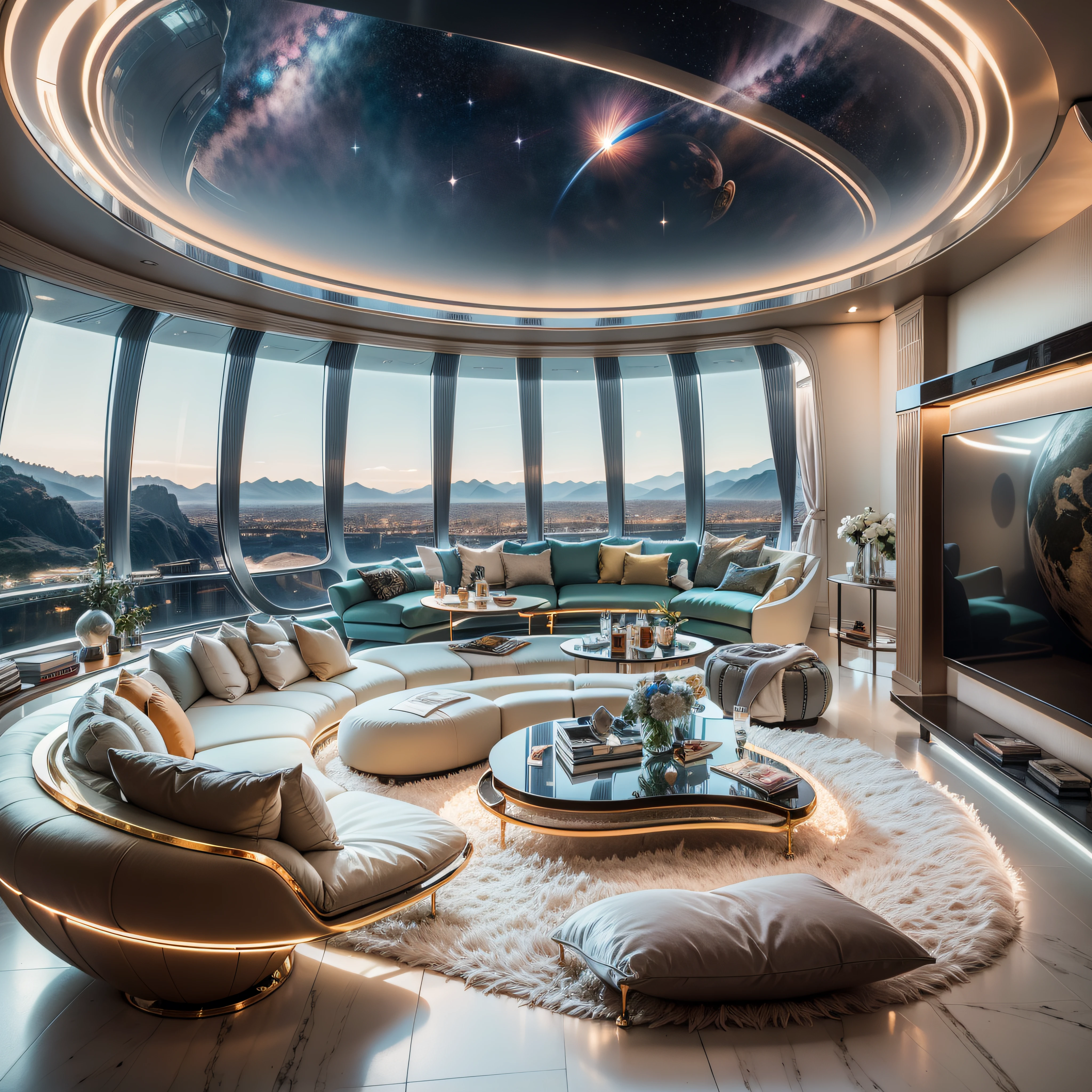 real estate photography, futuristic, space art, interior design, This luxurious living room on a space ship boasts a panoramic window that wraps around one entire wall, offering a stunning view of the earth and the stars beyond. The furniture is plush and inviting, with plush sofas and armchairs upholstered in soft, cream-colored fabric. A large, rectangular coffee table made of clear glass sits at the center of the room, and a few decorative pillows add pops of color. A few high-tech gadgets, such as a holographic display and a floating shelf, add a futuristic touch, polished, sandy, scaled, black, ashy colors, acrylic glass, metal, neoprene, vinyl