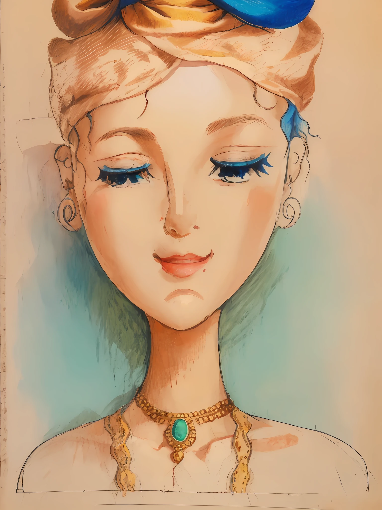 Painting of a woman wearing a turban and necklace, Simple drawing, detailed feminine face, a pencil sketch, traditional drawing style, Detailed face and body, detailed dress and face, Detailed face, head and waist potrait, detailed - face!!, detailedfacialfeatures!, faded drawing, Detailed face!!, potrait of a female face, elegant drawing, a drawing