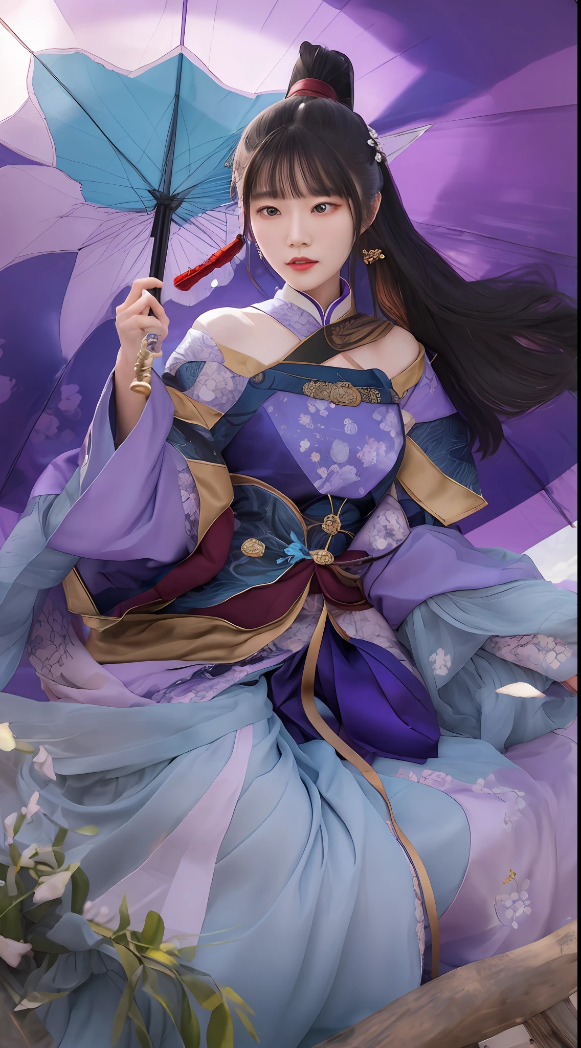 a woman in a purple dress holding a blue umbrella, beautiful celestial mage, inspired by Ju Lian, inspired by Lan Ying, inspired by Li Mei-shu, inspired by Shen Zhou, inspired by Wu Li, inspired by Qiu Ying, heise jinyao, inspired by Wu Bin, extremely detailed artgerm, inspired by Luo Mu, inspired by Pu Hua